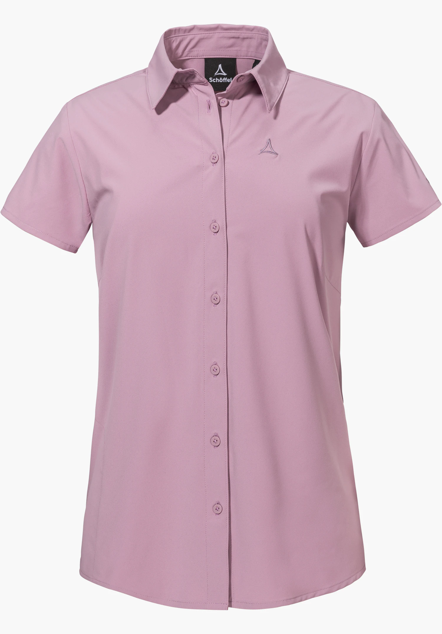 Blouse Style Dooser WMN in het roze, een blouse met korte mouwen, een doorlopende knoopsluiting, een kraag en een geborduurd Schöffel-logo op de linkerborst, vrijstaand tegen een witte achtergrond.
