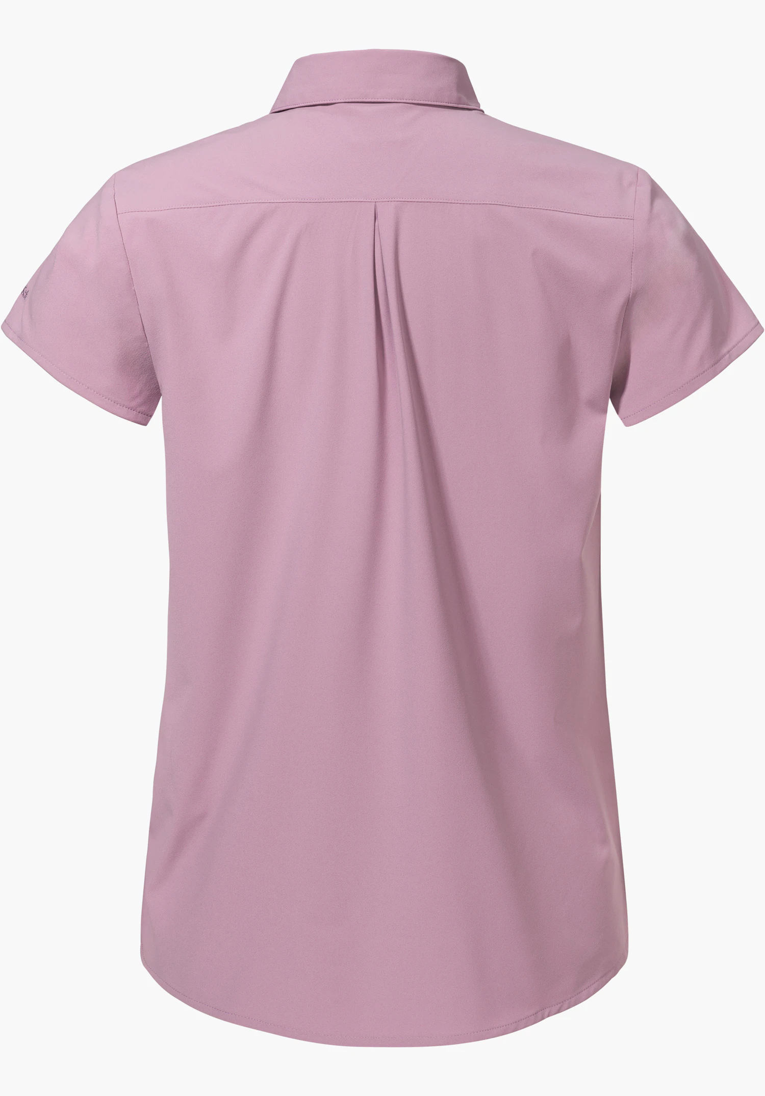 Blouse Style Dooser WMN in het roze toont de achterkant met korte mouwen, een klassieke kraag en een centrale plooi op de rug, vrijstaand tegen een witte achtergrond.
