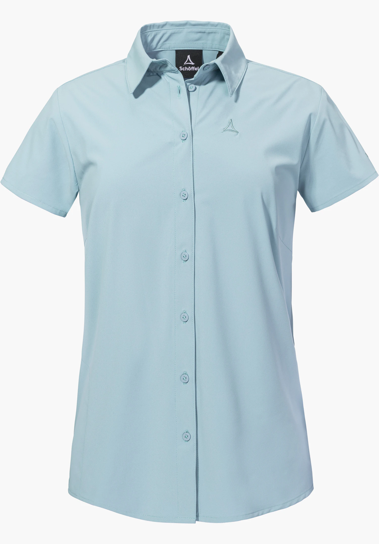 Blouse Style Dooser WMN sous forme de chemisier bleu à manches courtes avec une patte de boutonnage sur toute la longueur et le logo Schöffel sur la poitrine gauche, détouré sur fond blanc.