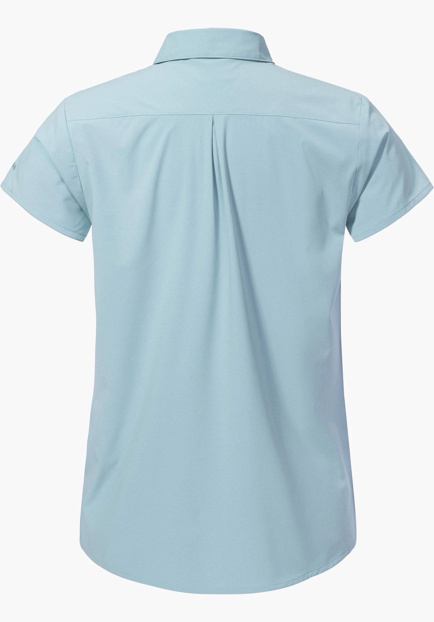 Blouse Style Dooser WMN in der Farbe Blau zeigt die Rückansicht mit kurzen Ärmeln, Kragen und einer eleganten Rückenfalte, freigestellt vor weißem Hintergrund.
