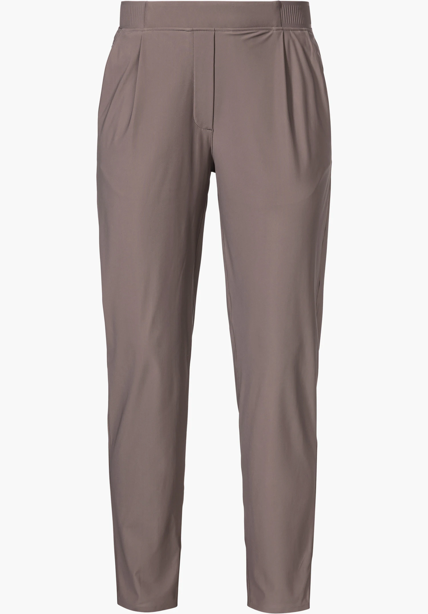 Jersey Pants Style Calmay WMN en marron avec de fins plis et une taille partiellement élastiquée, détouré sur fond blanc.