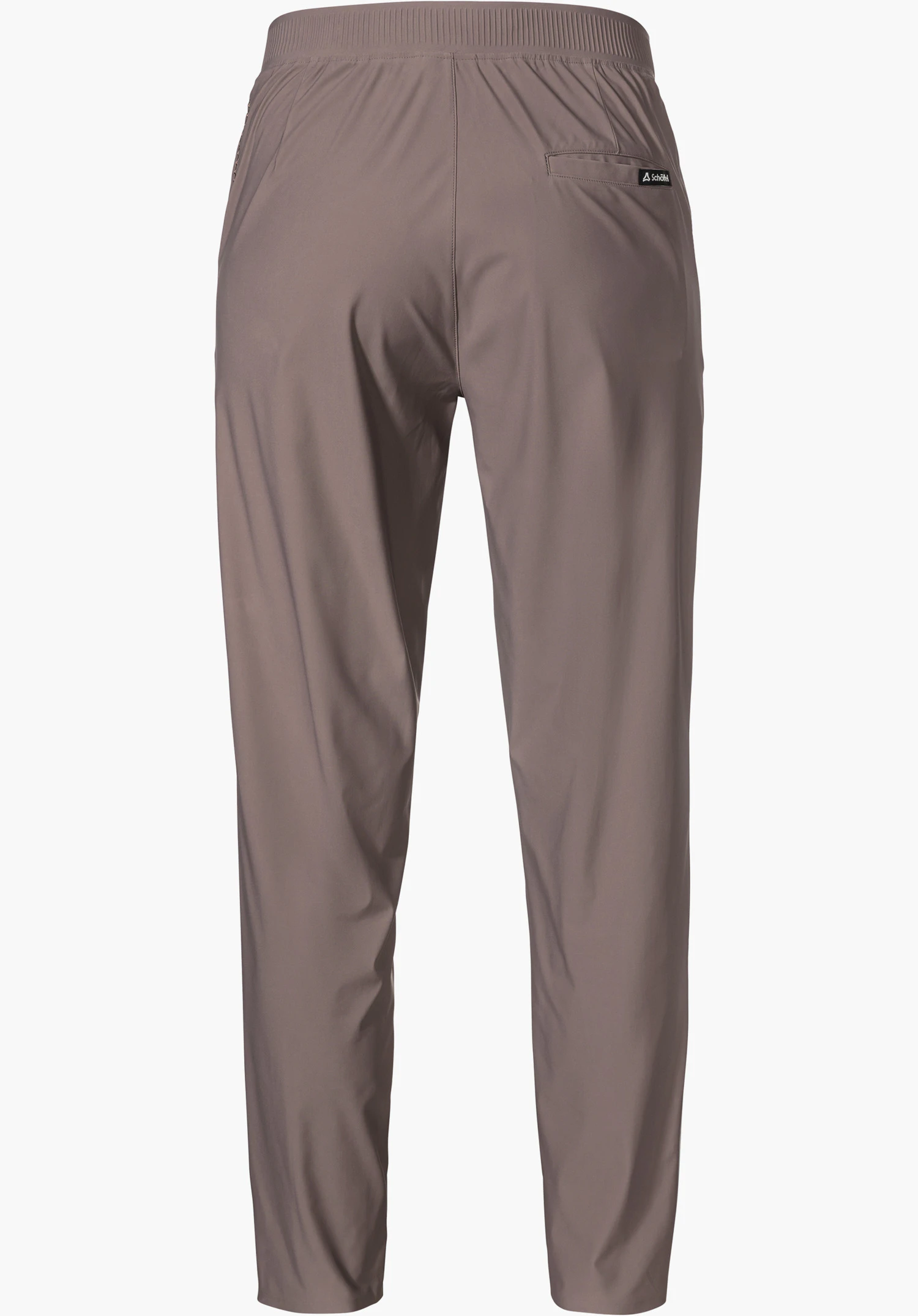 Jersey Pants Style Calmay WMN en marron, montrée de dos avec une taille élastique et une poche arrière droite ornée d'un petit logo Schöffel, détourée sur fond blanc.
