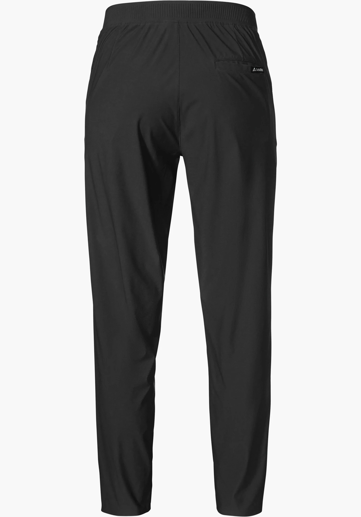 Jersey Pants Style Calmay WMN en noir vue de dos, avec une taille élastique et une poche arrière avec le logo Schöffel, détouré sur fond blanc.