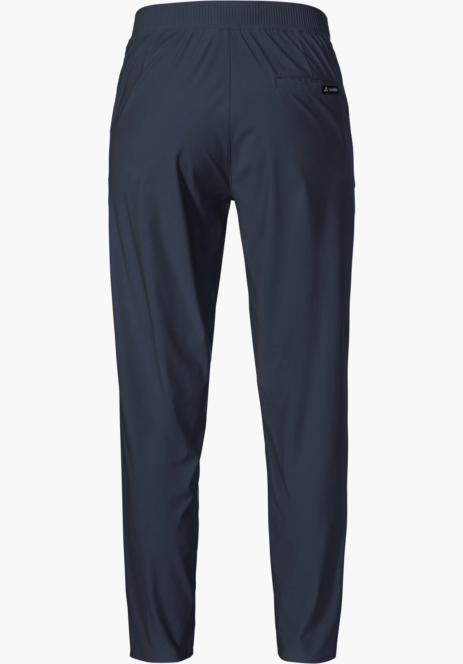 Jersey Pants Style Calmay WMN en bleu, vue de dos avec une taille élastique et une poche arrière avec le logo Schöffel, détourée sur fond blanc.