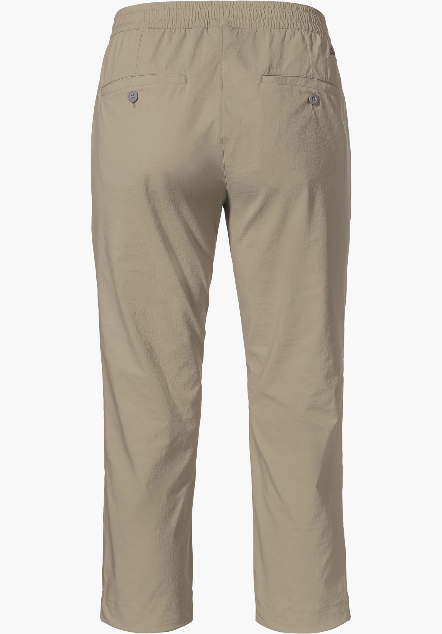 Pants Rangun L in the beige back view with an elasticated waistband and buttoned back pockets, isolated on a white background.