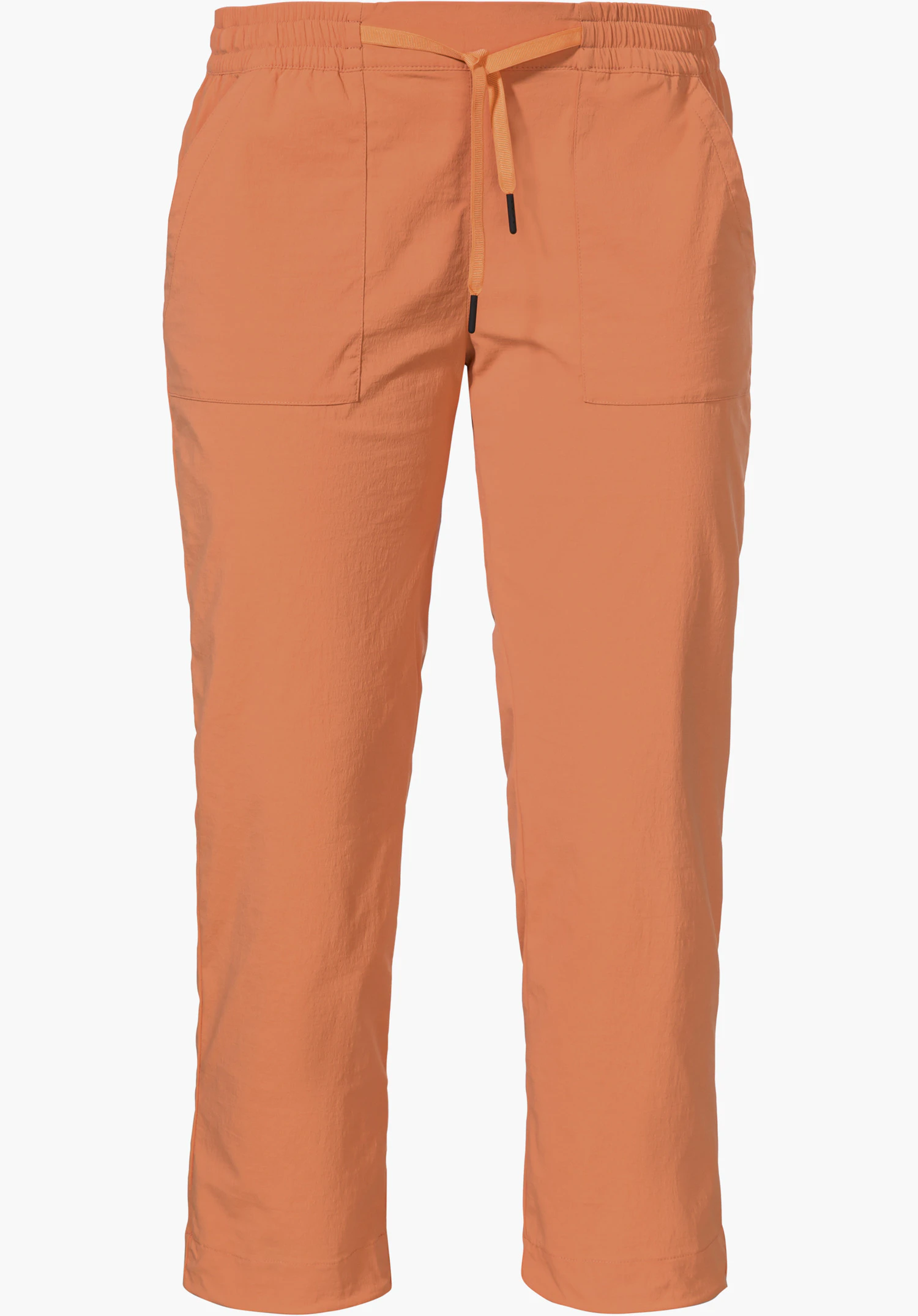 Pants Rangun L en orange avec taille élastique, cordon de serrage et poches avant plaquées, détouré sur fond blanc.
