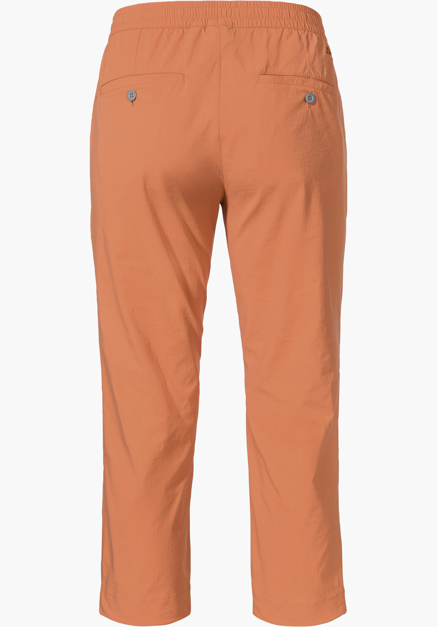 Pants Rangun L en orange montre la vue de dos avec une taille élastique et deux poches arrière boutonnées, isolé sur fond blanc.