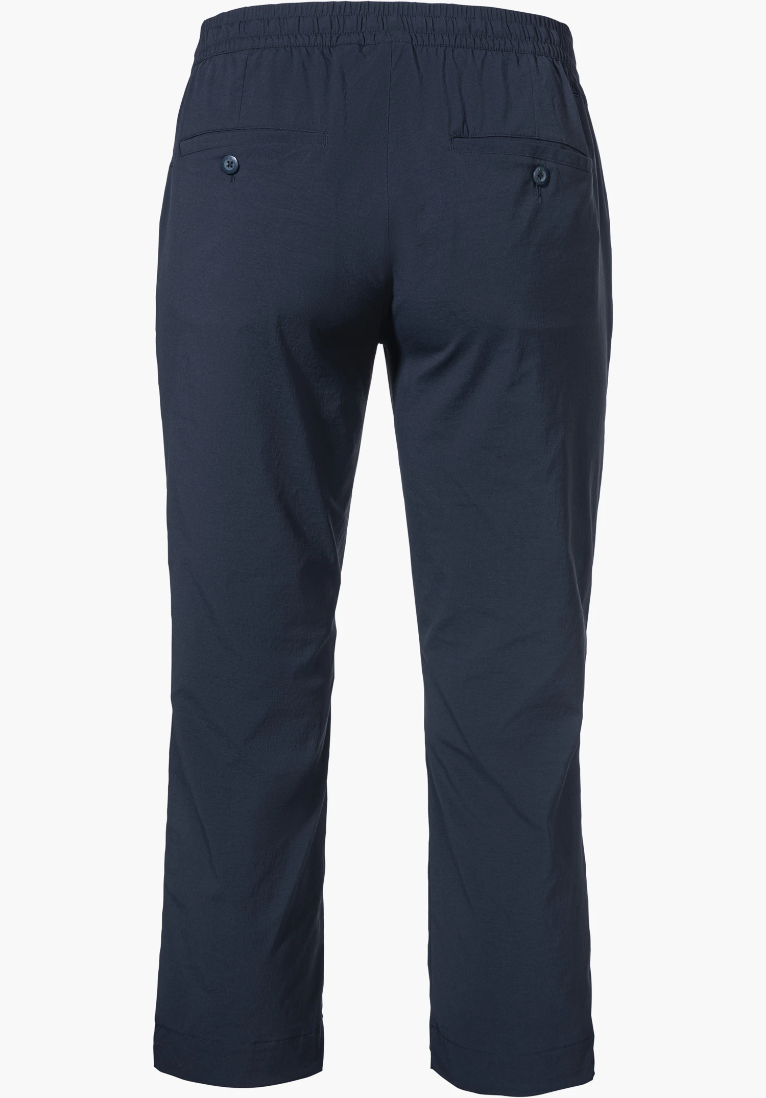 Pants Rangun L in blue shows the back view with an elasticated waistband and two buttoned back pockets, isolated on a white background.
