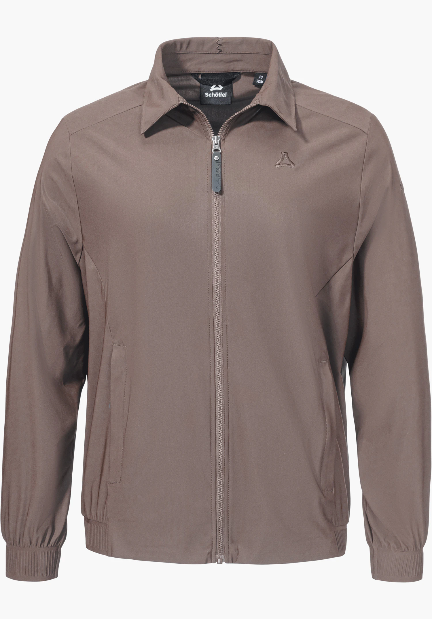 Jersey Jk Style Calmay WMN comme veste marron avec col, fermeture zippée sur le devant et logo Schöffel sur la poitrine, détourée sur fond blanc.