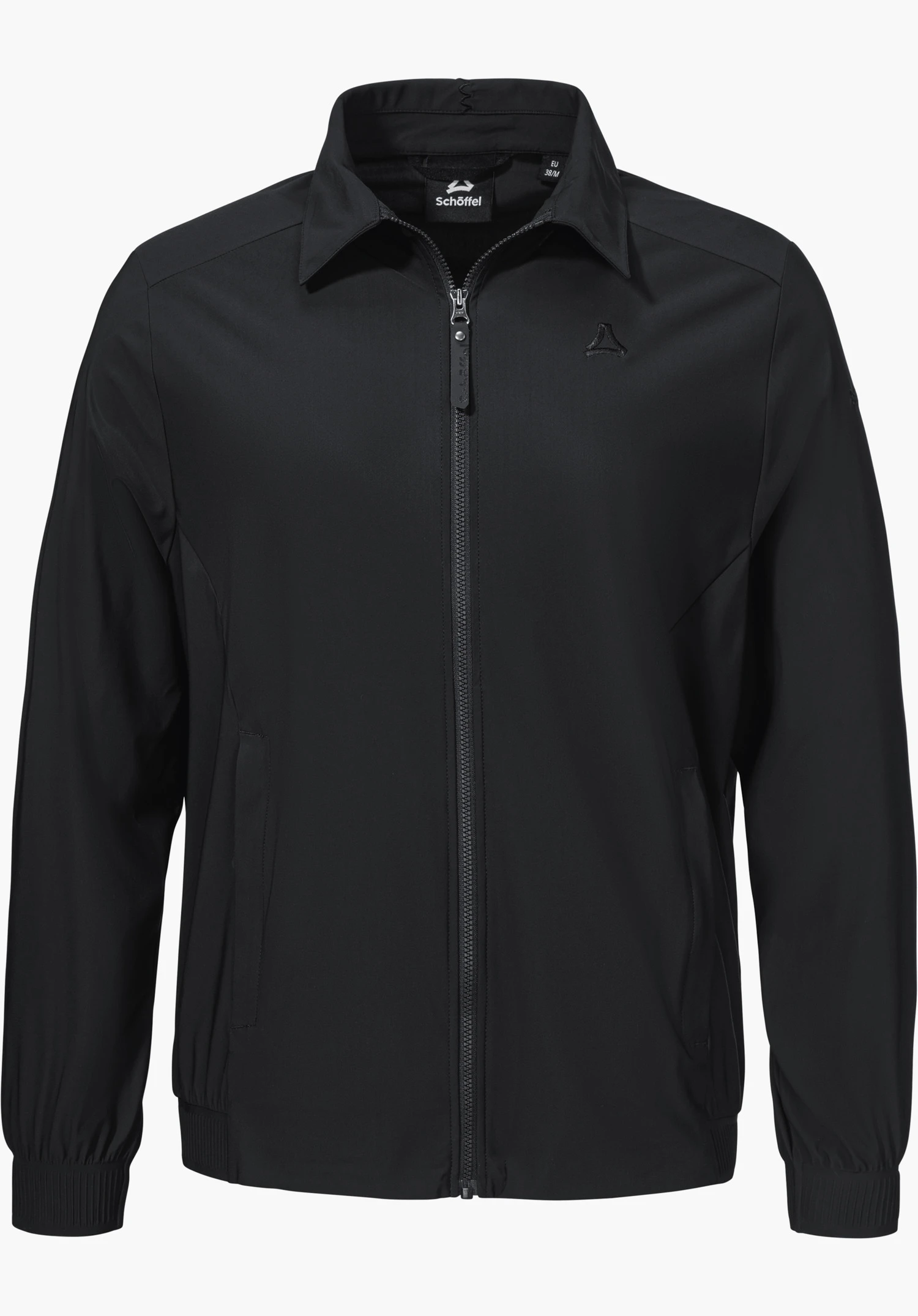 Jersey Jk Style Calmay WMN sous forme de veste noire avec col, fermeture zippée intégrale et logo Schöffel discret sur la poitrine, isolée sur fond blanc.