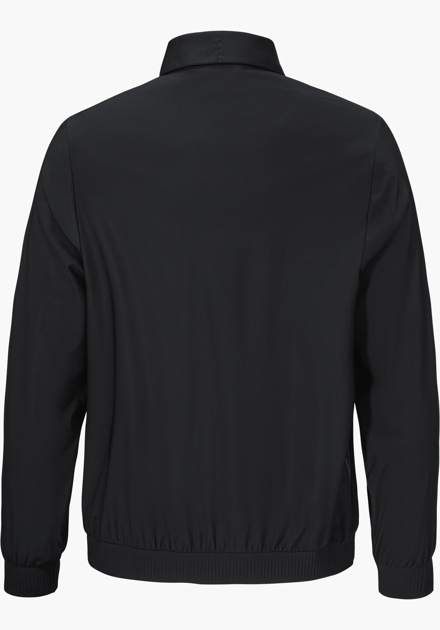 Jersey Jk Style Calmay WMN en noir, présentée de dos avec un col et un ourlet côtelés, détourée sur fond blanc.