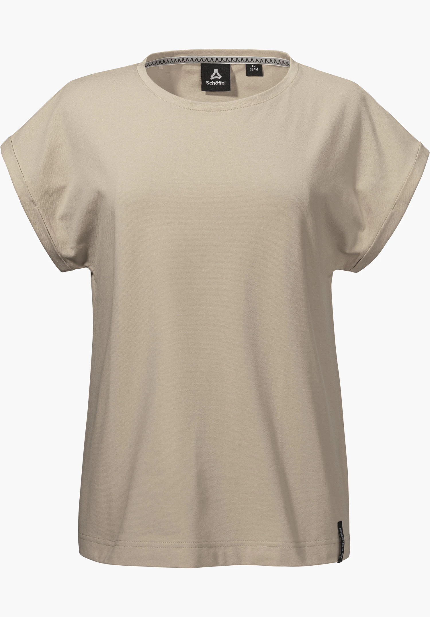 T Shirt Style Serenio WMN, focus on the beige fabric at the round neckline with the patterned neck tape and the Schöffel-Logo on the inner label, close-up against a white/neutral background.