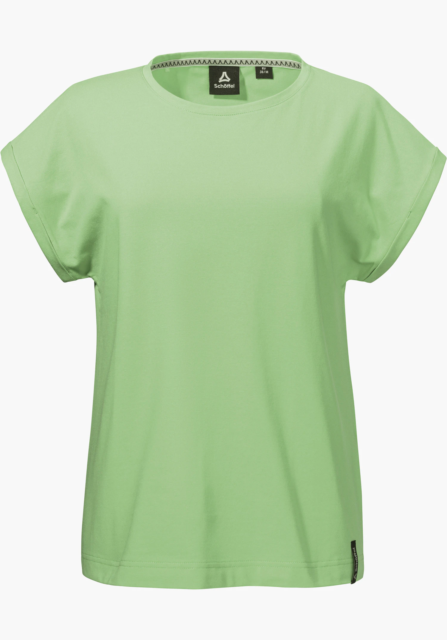 T Shirt Style Serenio WMN presents the fine structure of the green fabric and the subtle Schöffel logo at the hem, close-up against a white background.
