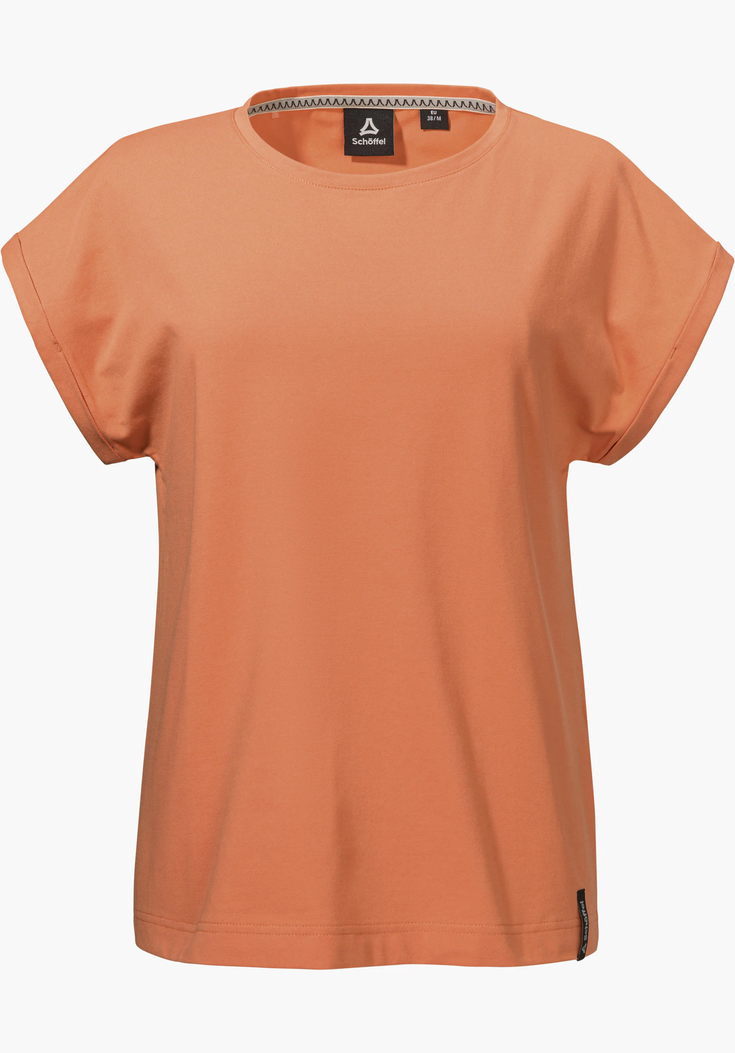 T Shirt Style Serenio WMN, focus on the fine orange fabric at the round neckline with a visible Schöffel-Logo on the inner label, close-up against a white/neutral background.