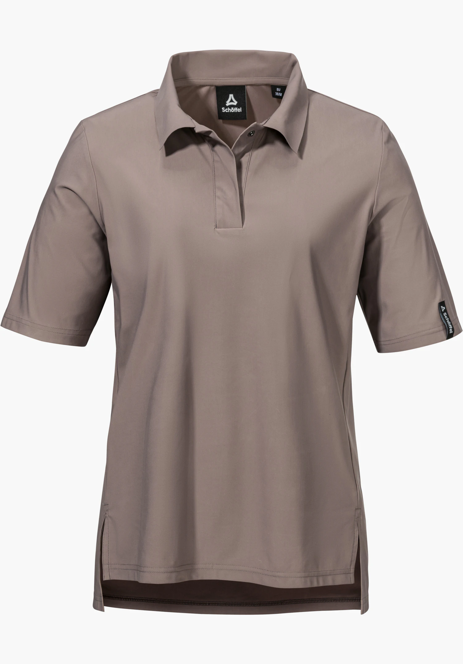 Jersey Polo Style Calmay WMN shows the smooth brown fabric structure and the Schöffel logo on the sleeve. Close-up against a white background.