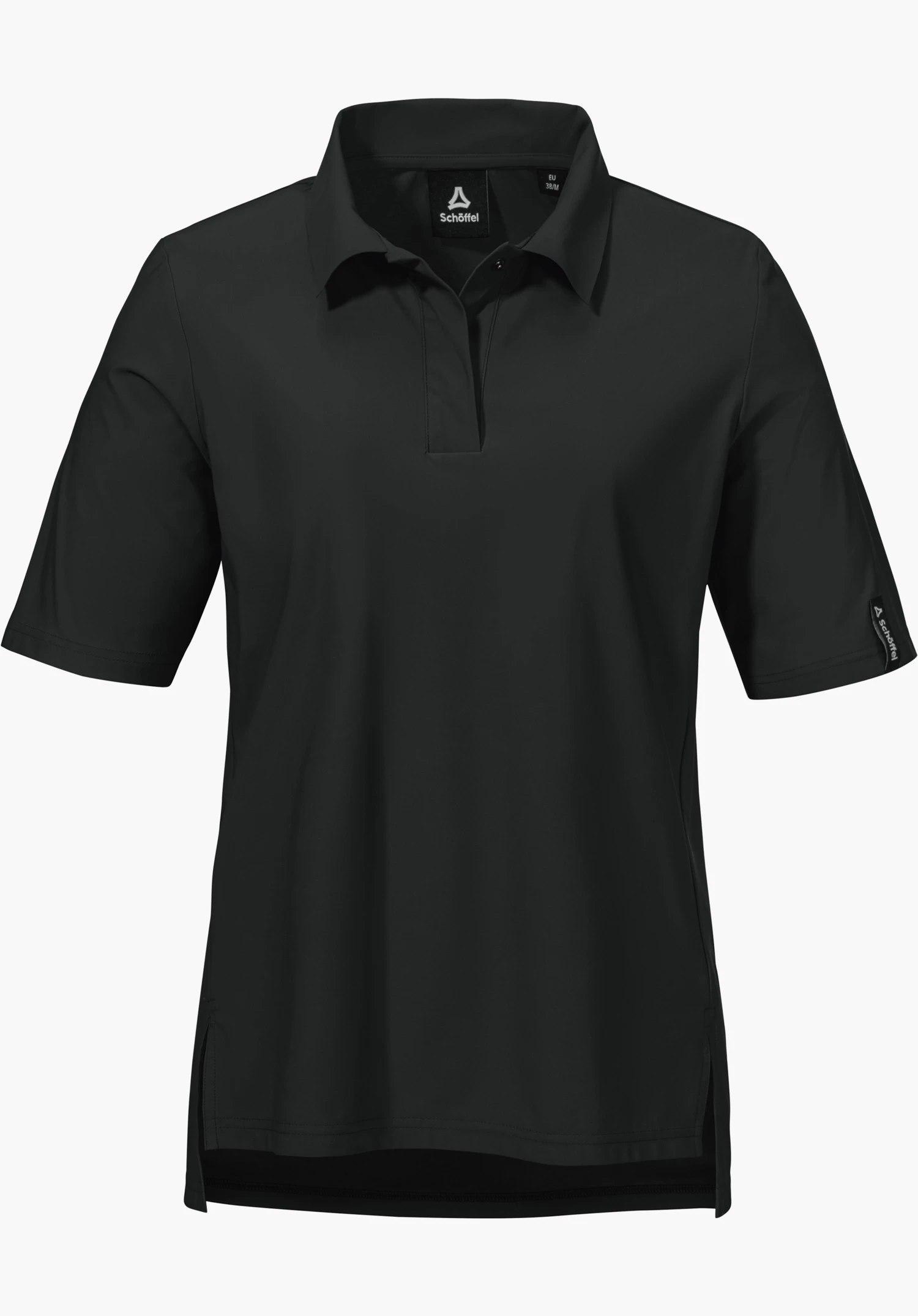 Jersey Polo Style Calmay WMN, focus sur le col polo classique et la texture fine du tissu noir avec le logo Schöffel visible au niveau de la nuque, gros plan sur fond blanc.
