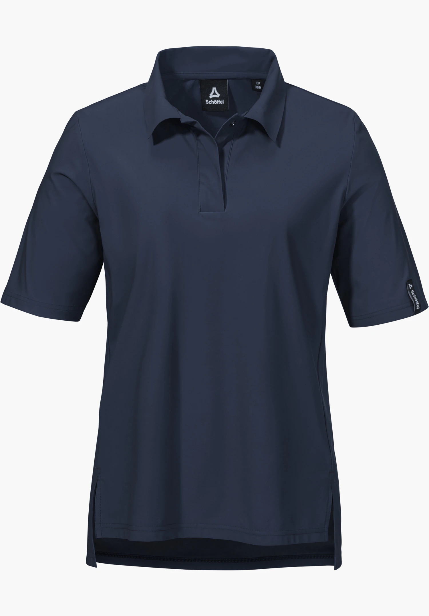 Jersey Polo Style Calmay WMN, zeigt den blauen Polokragen mit Knopfleiste und das Schöffel-Logo im Nackenetikett, Nahaufnahme vor weißem/neutralem Hintergrund.