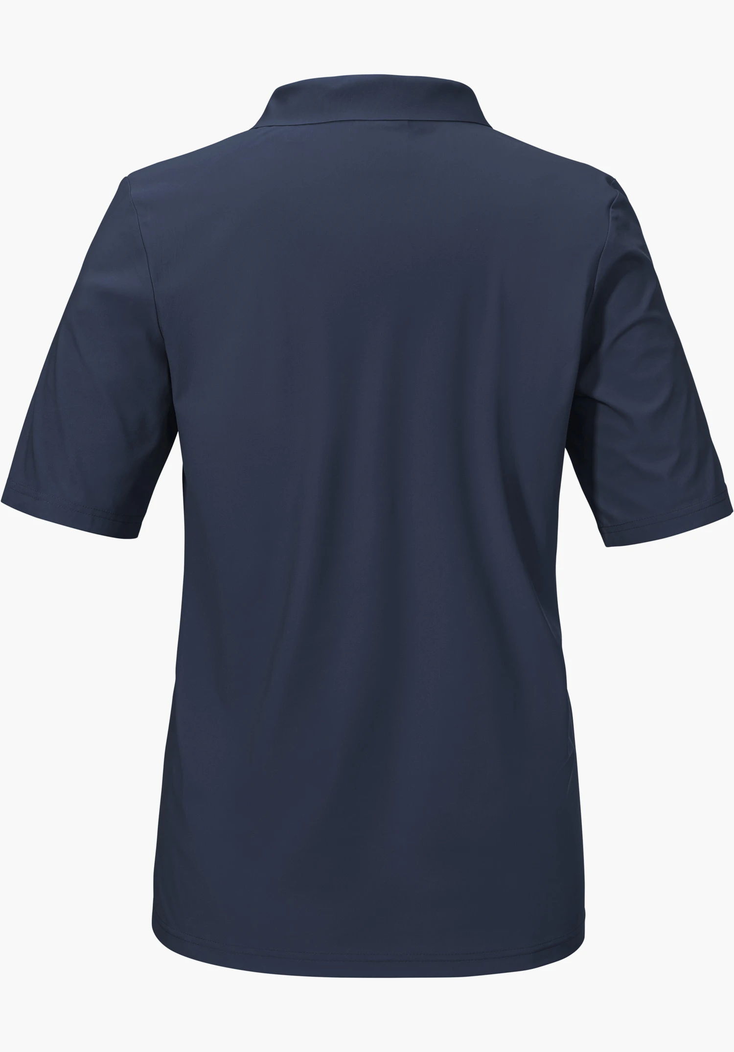 Jersey Polo Style Calmay WMN in Blau, Rückansicht des kurzärmligen Shirts mit Kragen, freigestellt vor weißem Hintergrund.