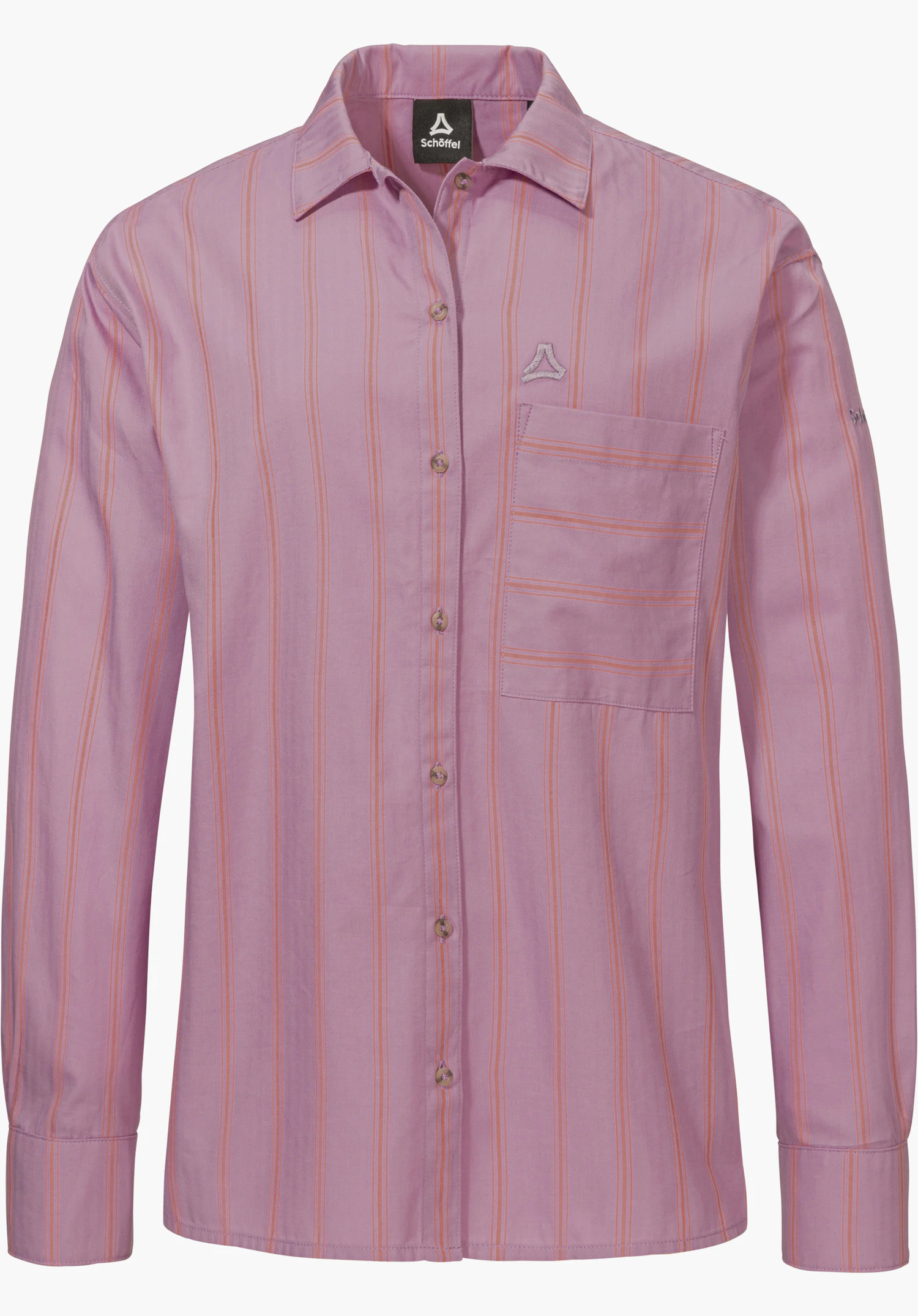 Blouse Style Chanduy WMN comme chemisier rose à manches longues avec motif à rayures, patte de boutonnage sur toute la longueur, poche poitrine et logo Schöffel, isolé sur fond blanc.