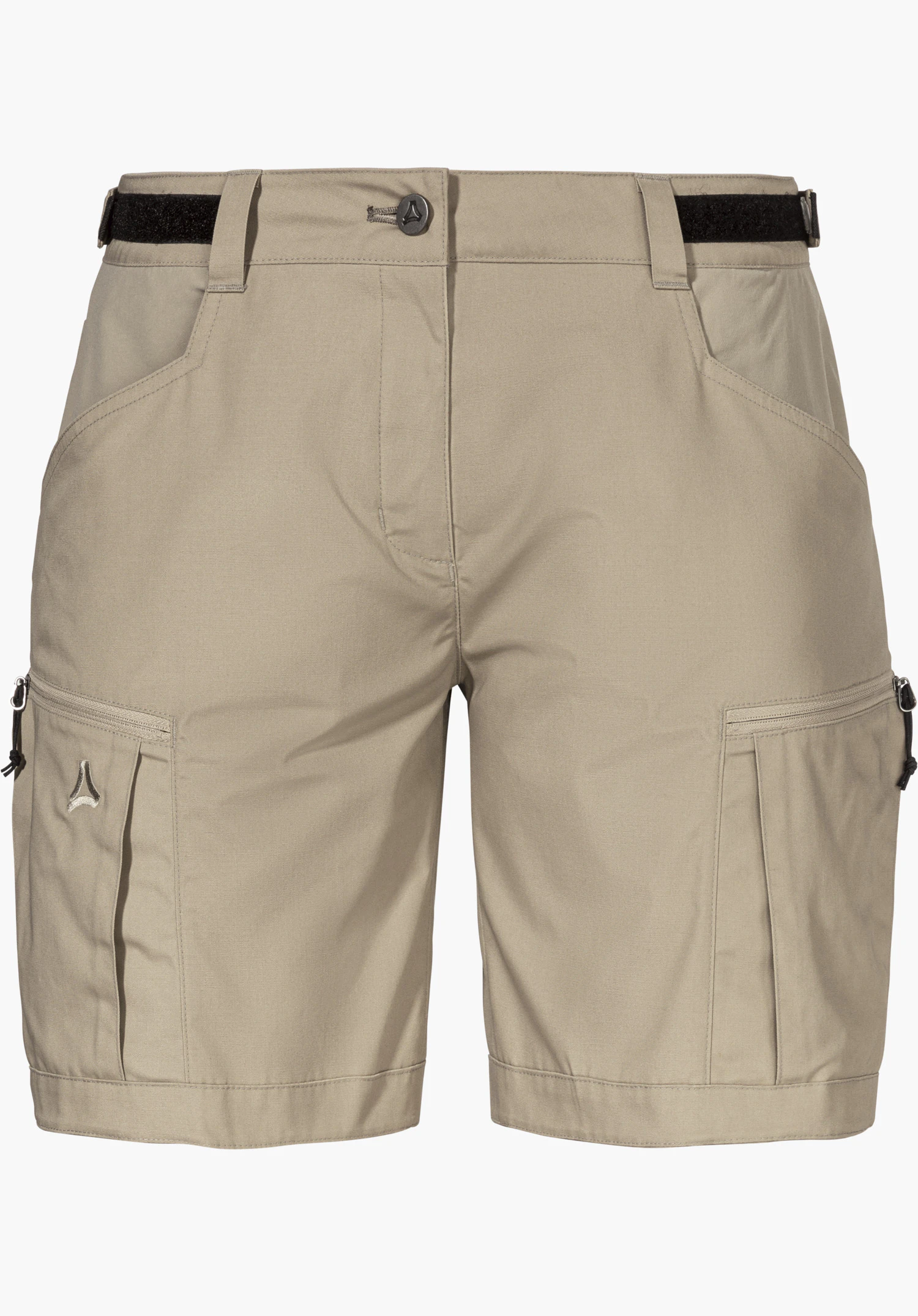 Shorts Style Maghera WMN en beige avec des poches latérales zippées, des pattes de réglage noires à la taille et le logo Schöffel sur la poche de la jambe droite, détouré sur fond blanc.