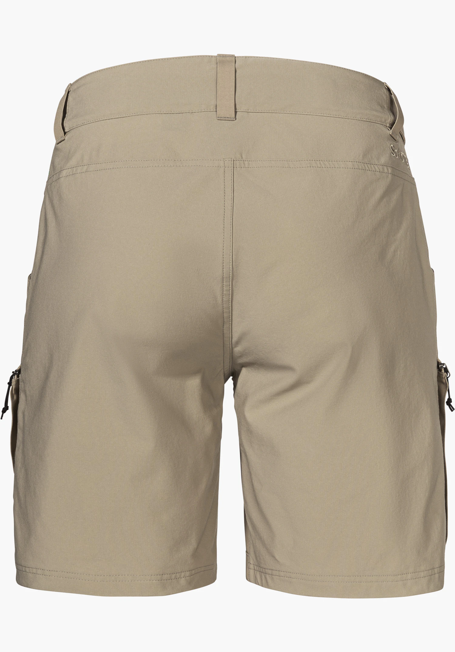 Shorts Style Maghera WMN de couleur beige est présenté de dos, avec des passants de ceinture, des poches latérales et un logo Schöffel en haut à droite, isolé sur fond blanc.
