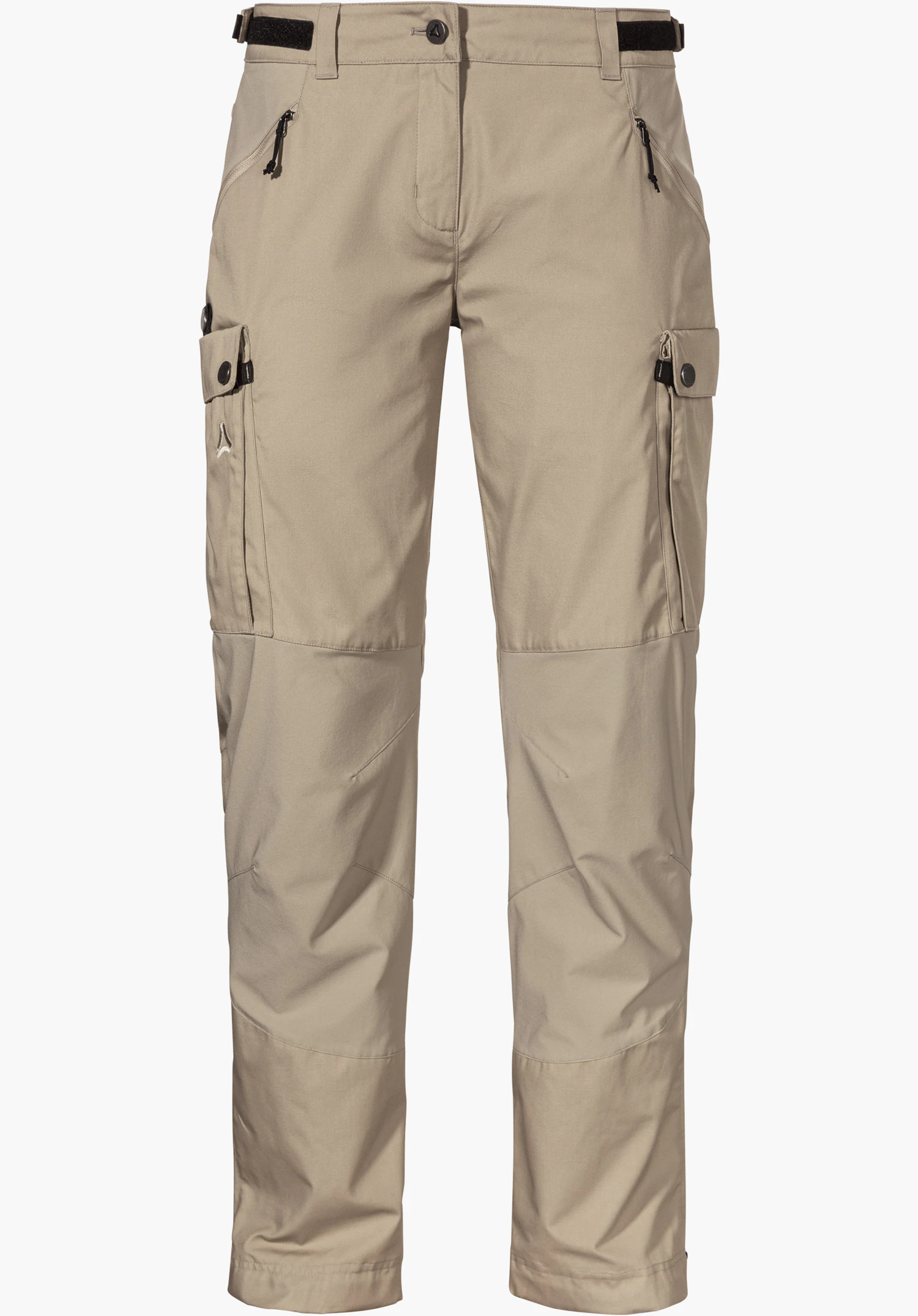 Pants Style Maghera WMN comme pantalon de plein air beige avec poches zippées et un logo Schöffel sur la poche de la jambe gauche, détouré sur fond blanc.