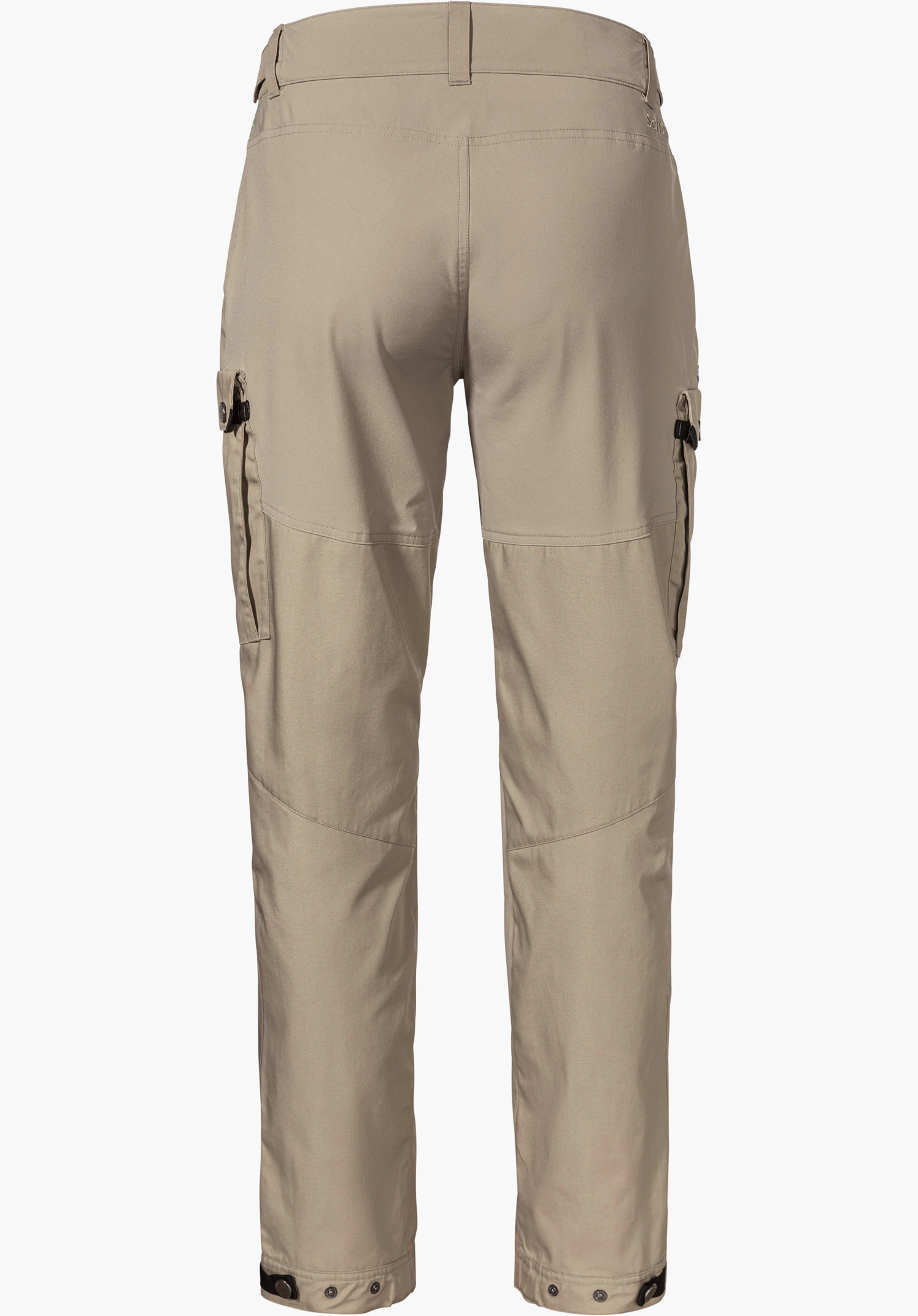 Pants Style Maghera WMN en beige, vue de dos avec passants de ceinture, poches cargo latérales et logo Schöffel sur la hanche droite, détouré sur fond blanc.