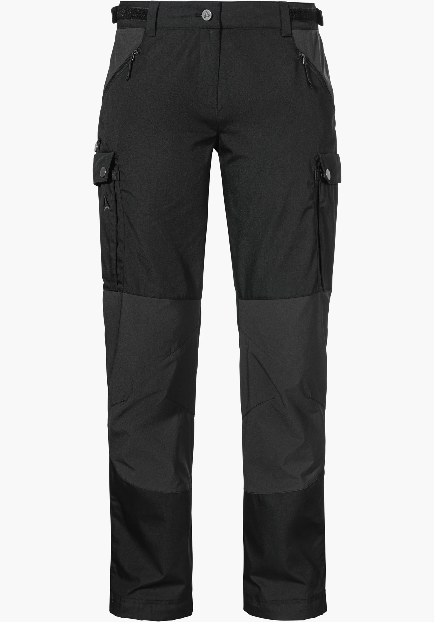 Pants Style Maghera WMN en noir avec des poches cargo fonctionnelles et le logo Schöffel visible sur la poche de jambe gauche, détouré sur fond blanc.