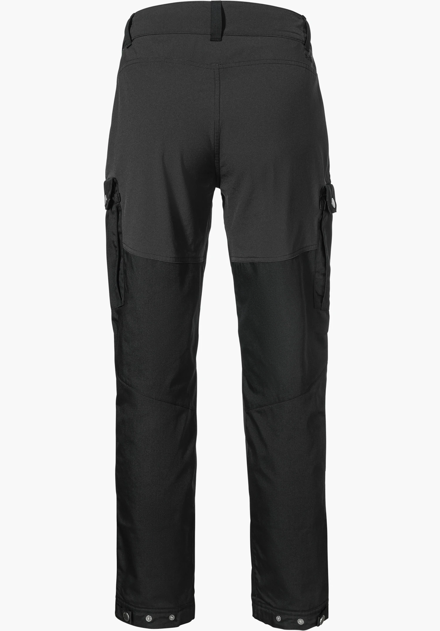 Pants Style Maghera WMN en noir montre la vue de dos avec des passants de ceinture, des poches cargo latérales et des boutons-pression à l'ourlet, détouré sur fond blanc.