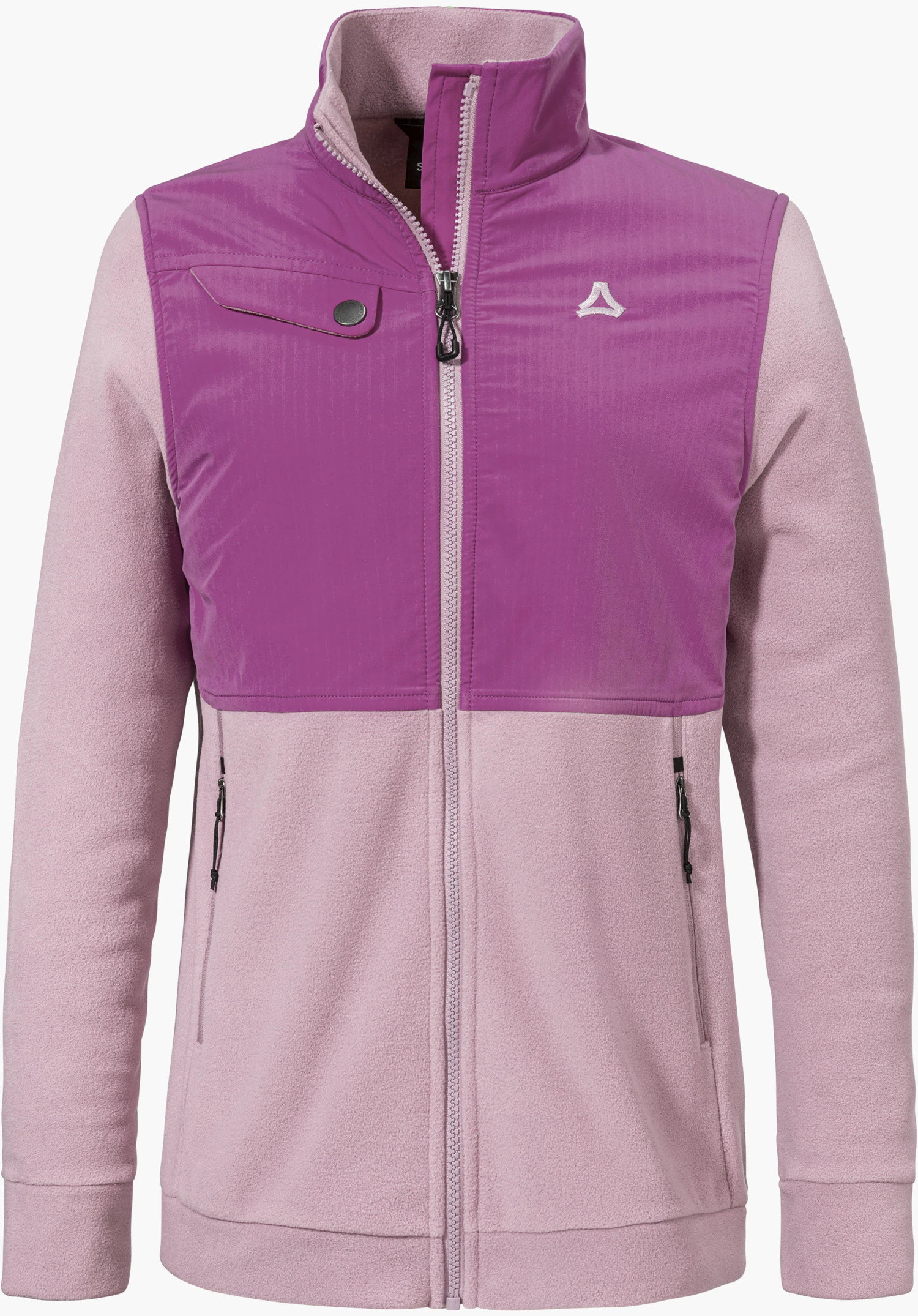 Fleece Jk Style Maghera WMN in pink with a darker chest panel, full front zip, side pockets and the Schöffel logo, isolated against a white background.