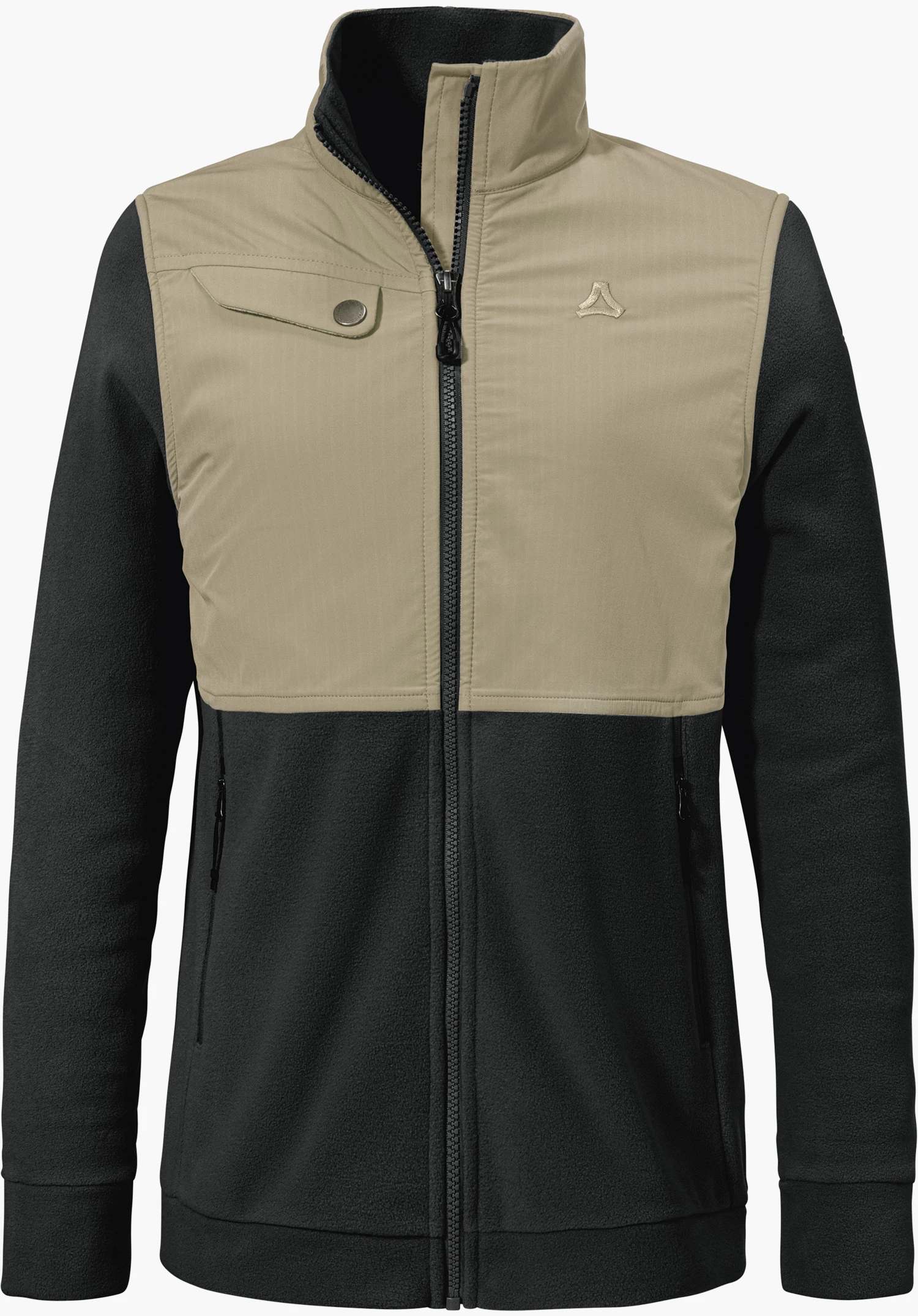 Fleece Jk Style Maghera WMN en noir avec des parties beiges sur la poitrine et les épaules, une fermeture zippée intégrale, une poche poitrine et le logo Schöffel, détourée sur fond blanc.