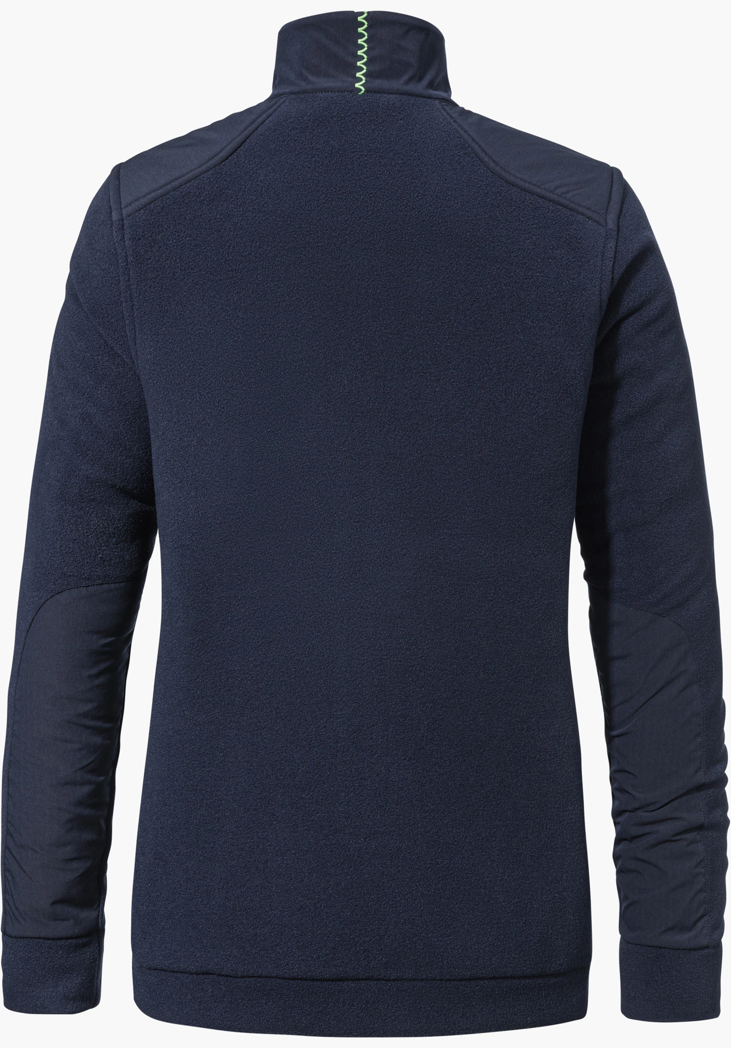 Fleece Jk Style Maghera WMN en bleu montre la vue arrière avec une couture en zigzag verte distinctive sur le col et des empiècements contrastants sur les épaules et les avant-bras, détouré sur fond blanc.