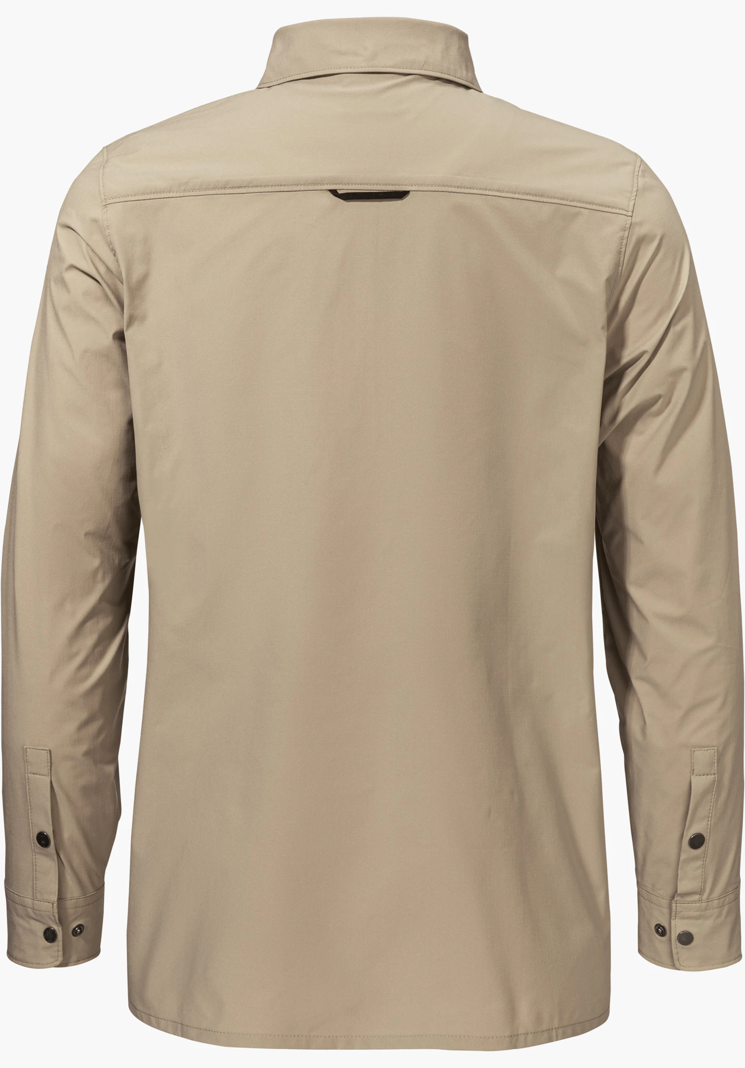 Blouse Style Maghera WMN de couleur beige est présentée de dos avec des manches longues et des poignets boutonnés, détourée sur fond blanc.