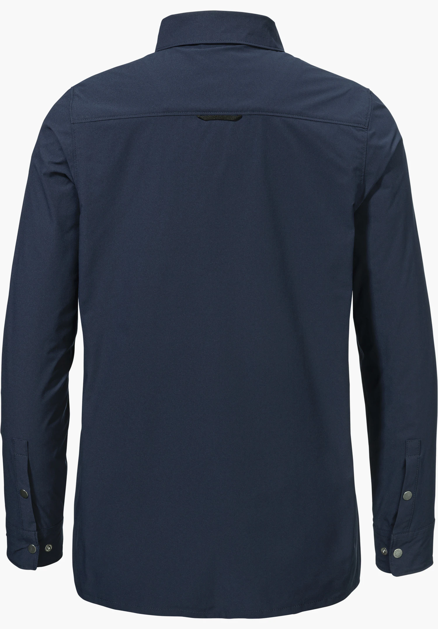 Blouse Style Maghera WMN in Blau, Rückansicht mit langen Ärmeln und geknöpften Manschetten, freigestellt vor weißem Hintergrund.