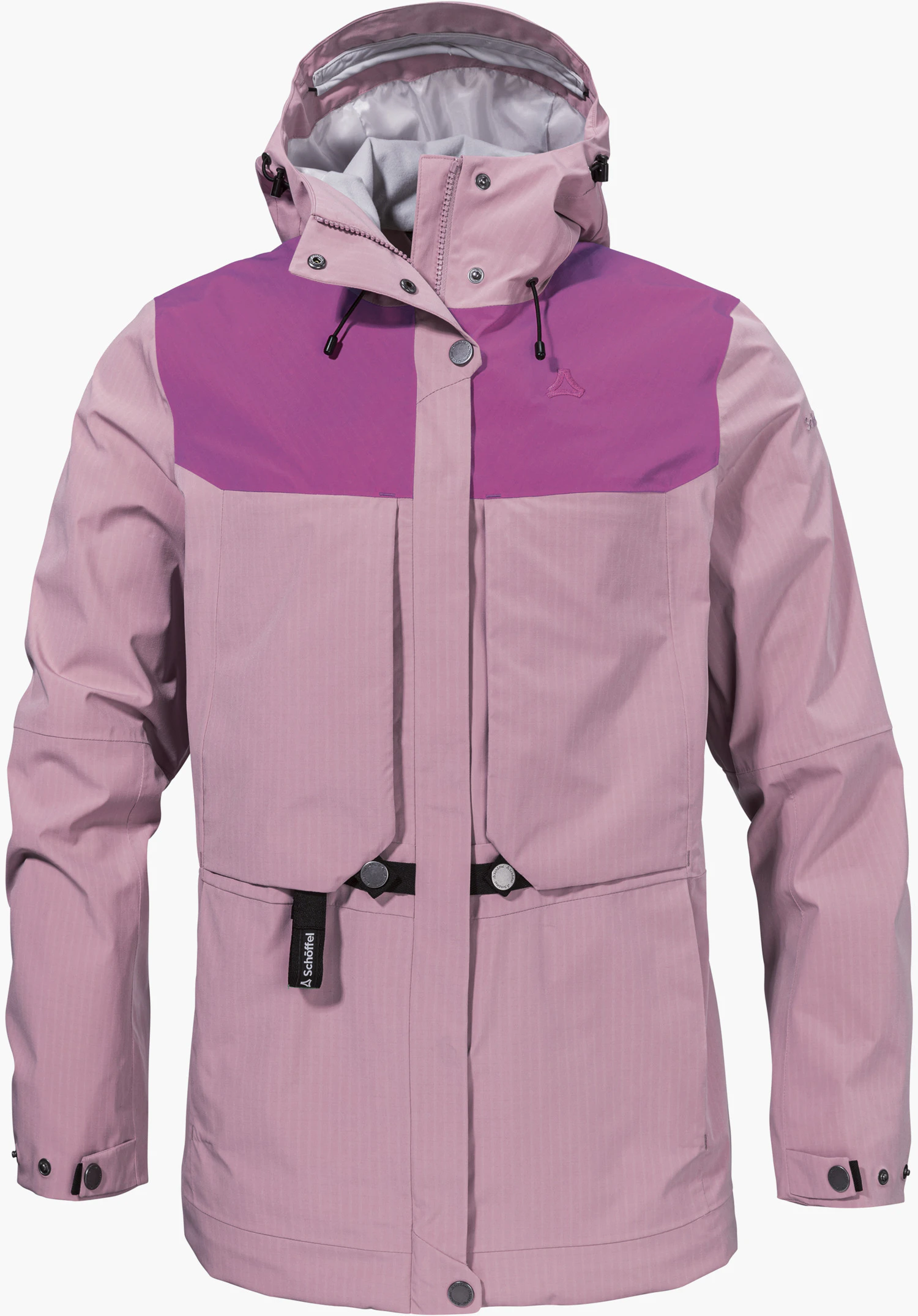 2L Jacket Style Maghera WMN in roze met een donkerder contrasterend borstgedeelte, beschermende capuchon en een subtiel Schöffel-logo, vrijstaand tegen een witte achtergrond.