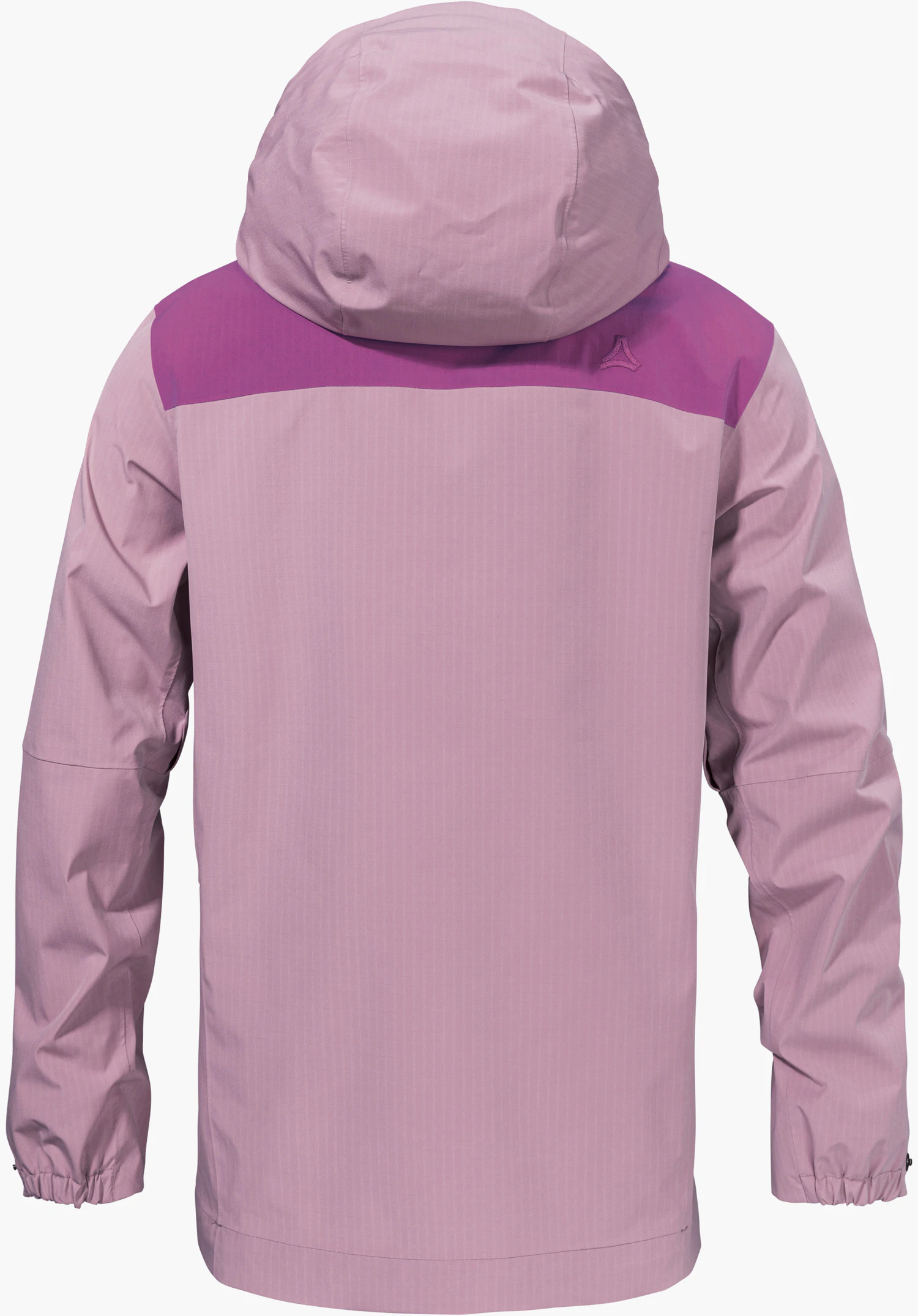 2L Jacket Style Maghera WMN in Rosa, gezeigt in der Rückansicht mit Kapuze und Schöffel-Logo auf der Schulterpartie, freigestellt vor weißem Hintergrund.