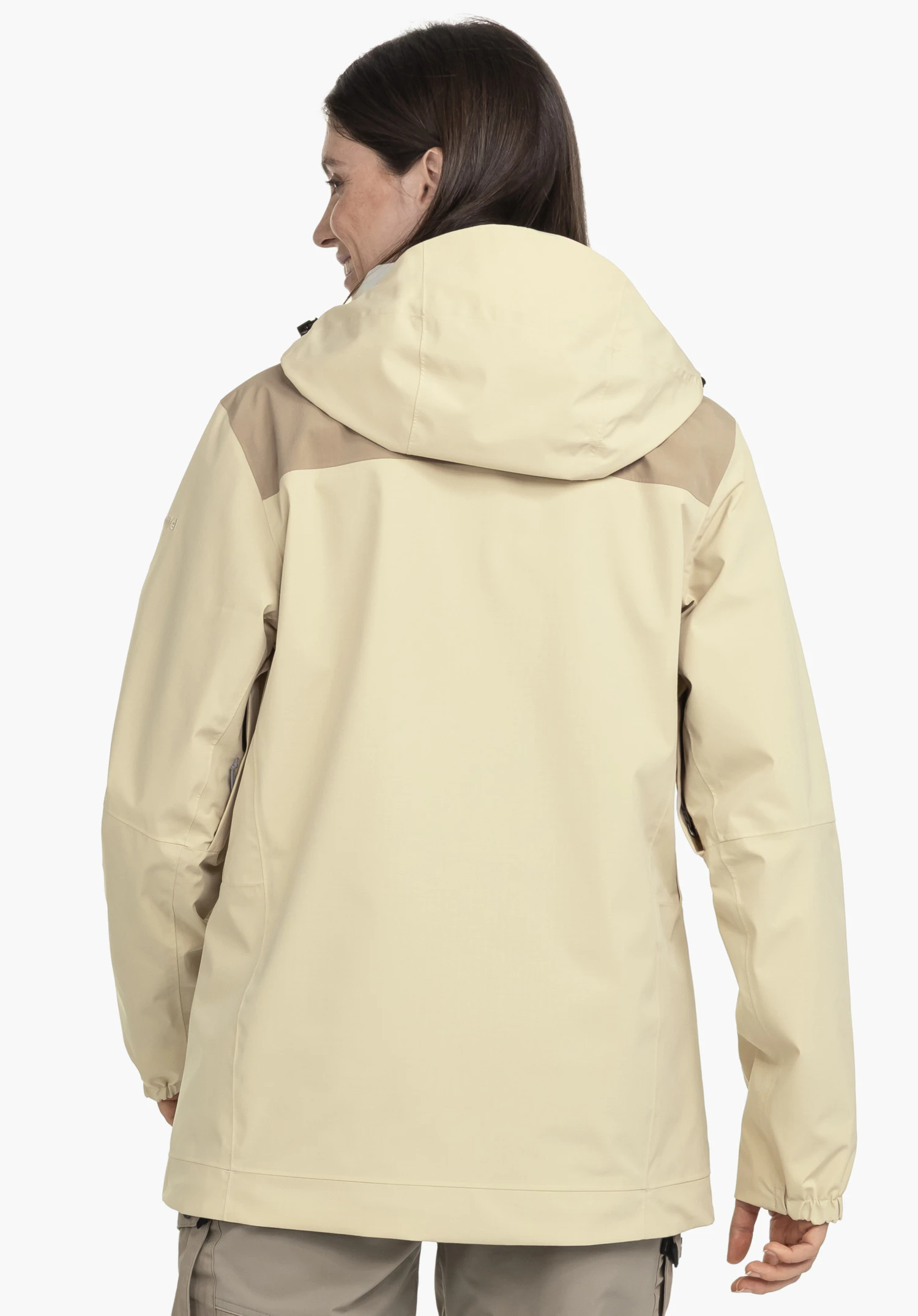 2L Jacket Style Maghera WMN in beige shown from the back featuring the hood and a subtle Schöffel logo on the upper arm against a neutral background.