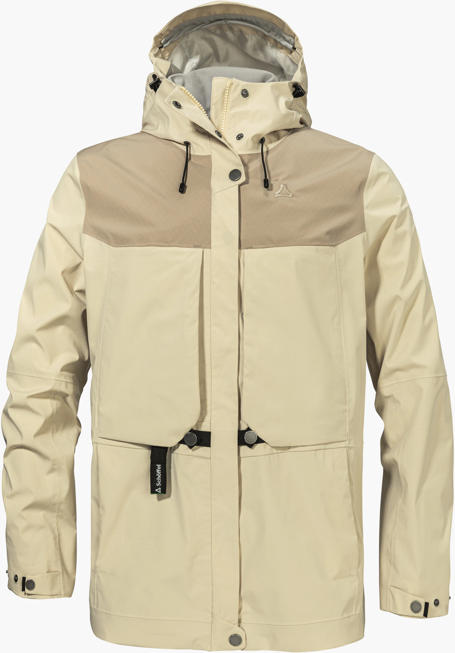 2L Jacket Style Maghera WMN in beige with a darker contrasting shoulder section, protective hood and subtle Schöffel logo on the chest, isolated against a white background.