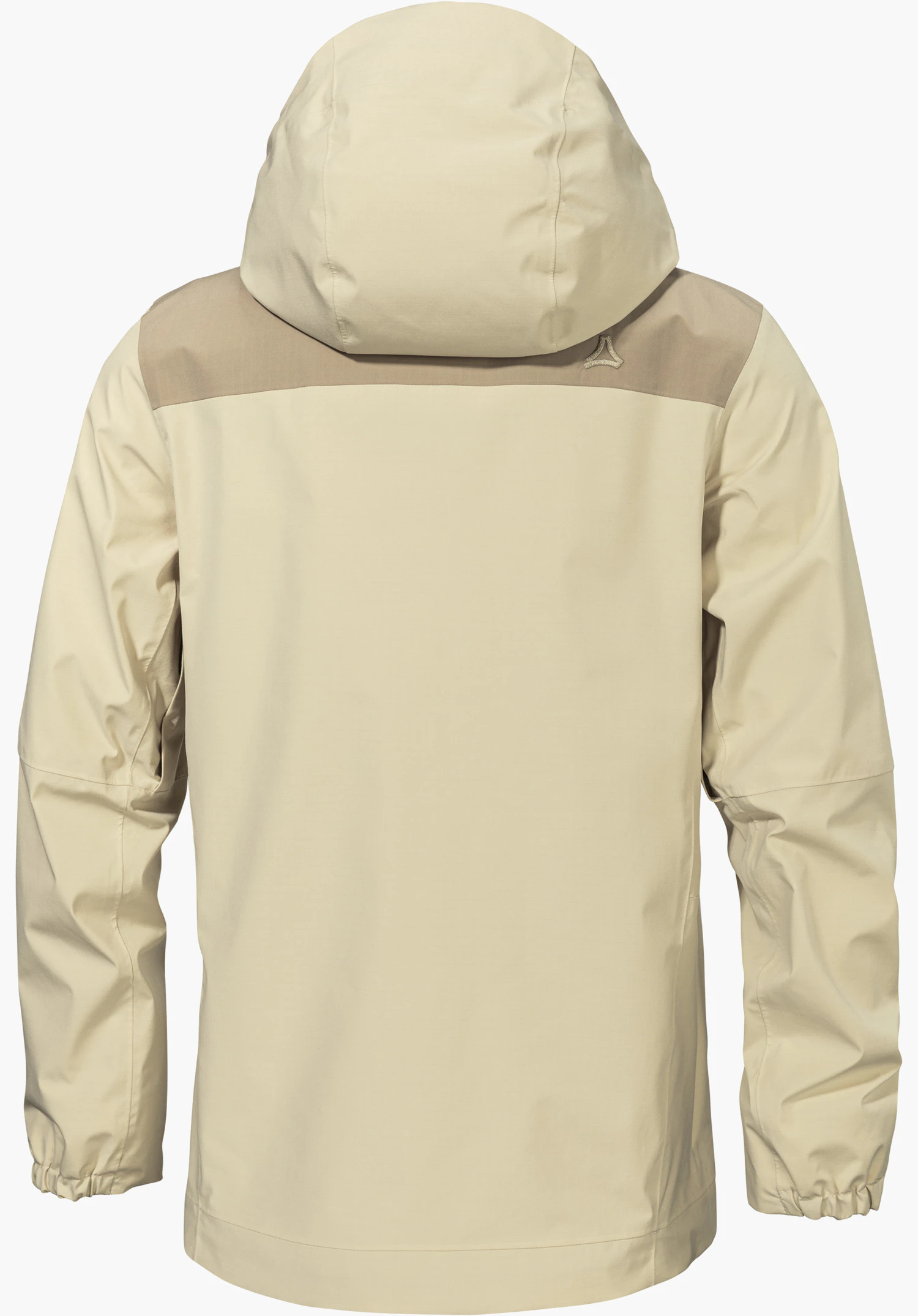 2L Jacket Style Maghera WMN in beige, back view with hood and contrasting shoulder area featuring the Schöffel logo, isolated on a white background.