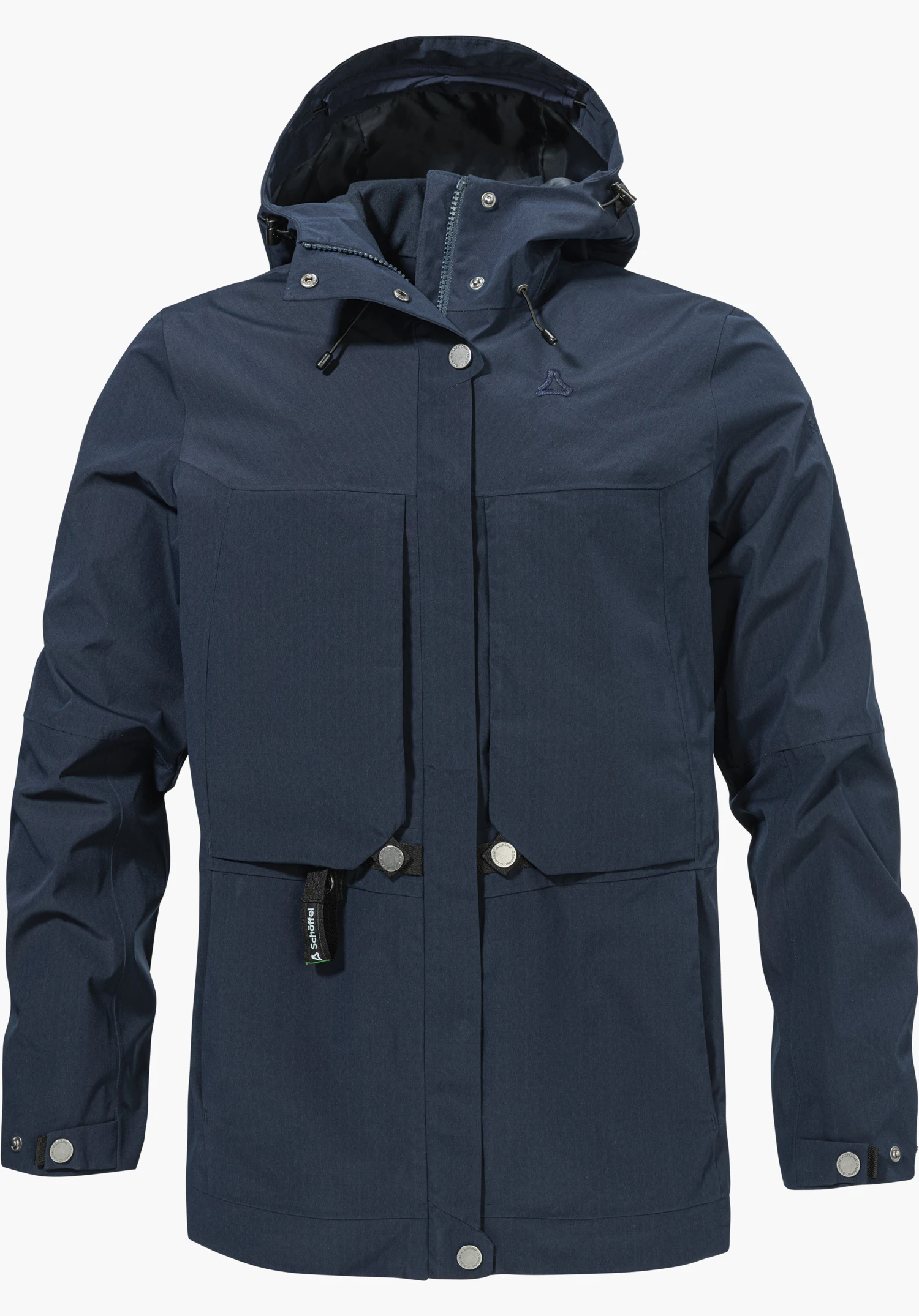 2L Jacket Style Maghera WMN en bleu, avec capuche, poches frontales plaquées et logo Schöffel brodé sur la poitrine, isolée sur fond blanc.