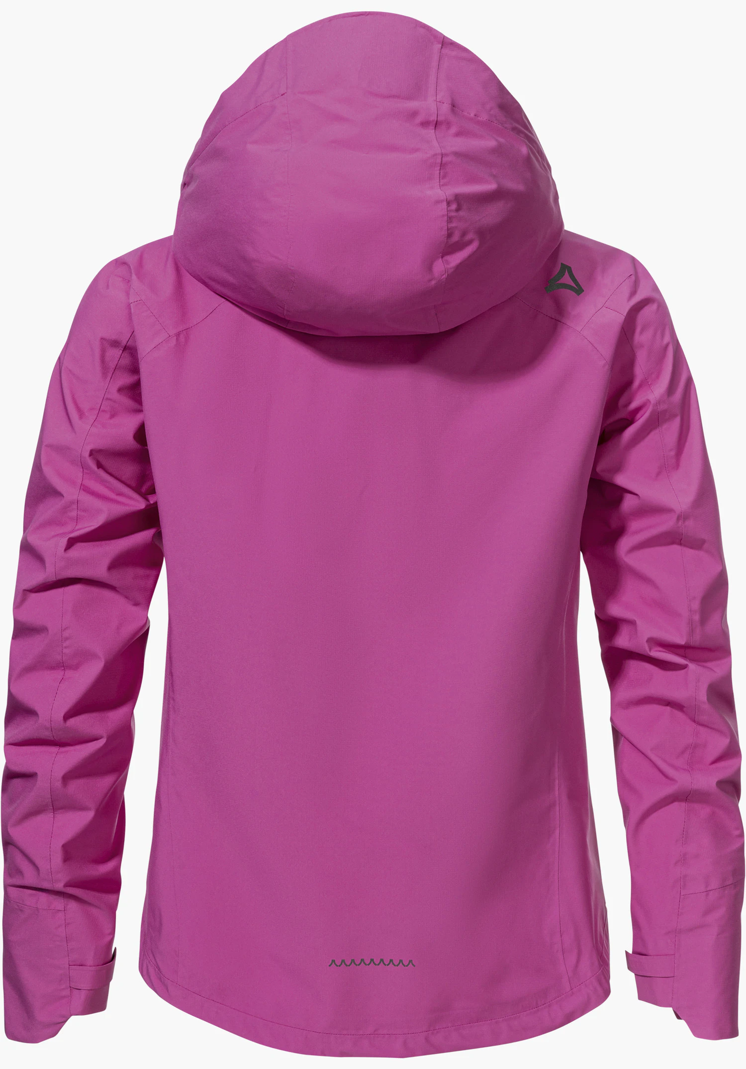 2.5L Jacket Style Tajiva WMN in der Farbe Pink zeigt die Rückansicht der Jacke mit Kapuze und einem Schöffel-Logo auf der rechten Schulterpartie, freigestellt vor weißem Hintergrund.