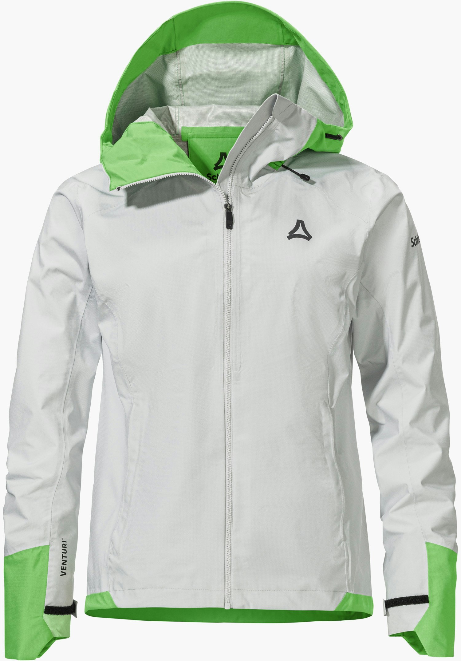2.5L Jacket Style Tajiva WMN is shown as a grey jacket with bright green accents on the hood and cuffs as well as a black Schöffel logo on the left chest, isolated against a white background.