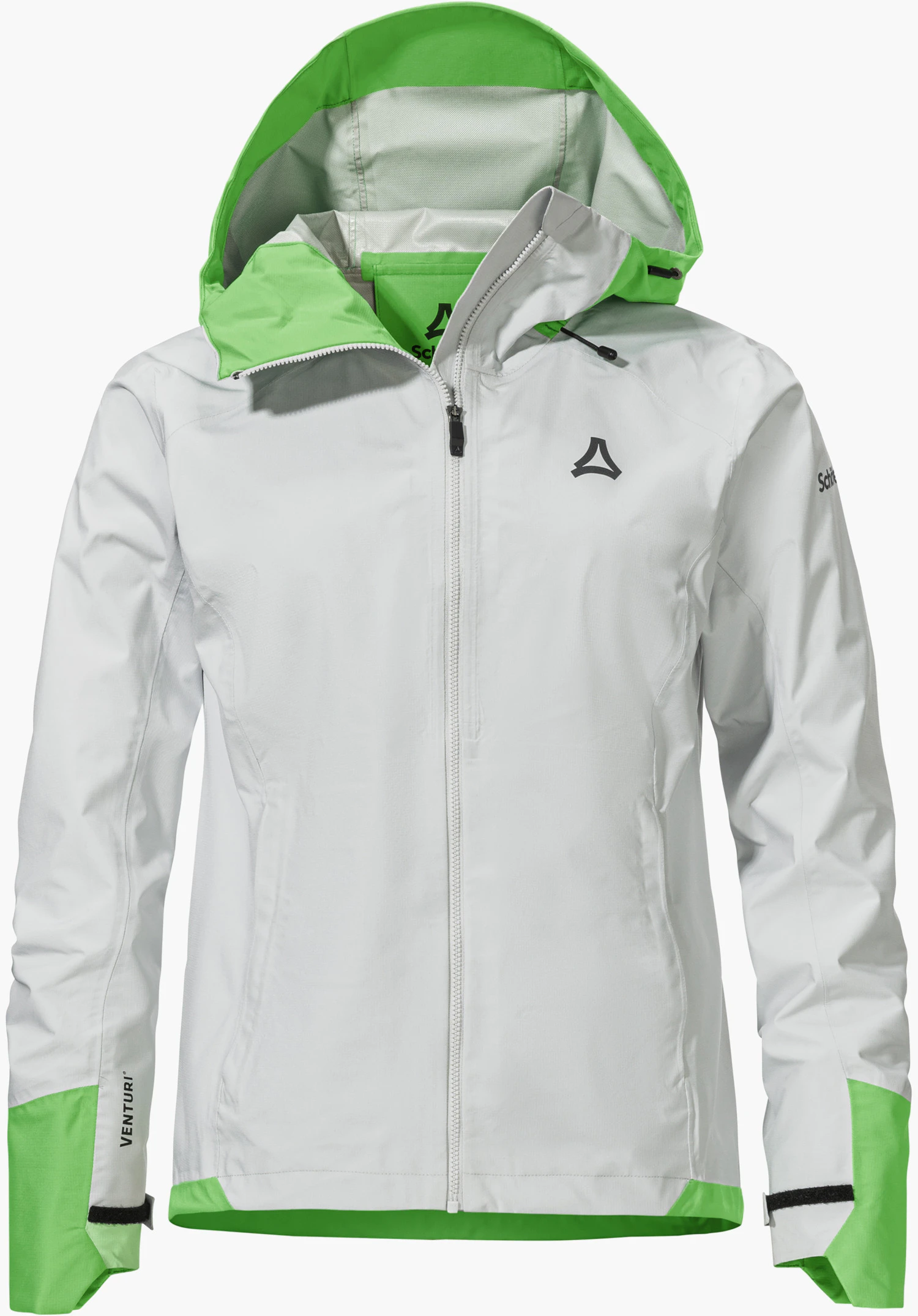 2.5L Jacket Style Tajiva WMN is shown as a grey jacket with bright green accents on the hood and cuffs as well as a black Schöffel logo on the left chest, isolated against a white background.