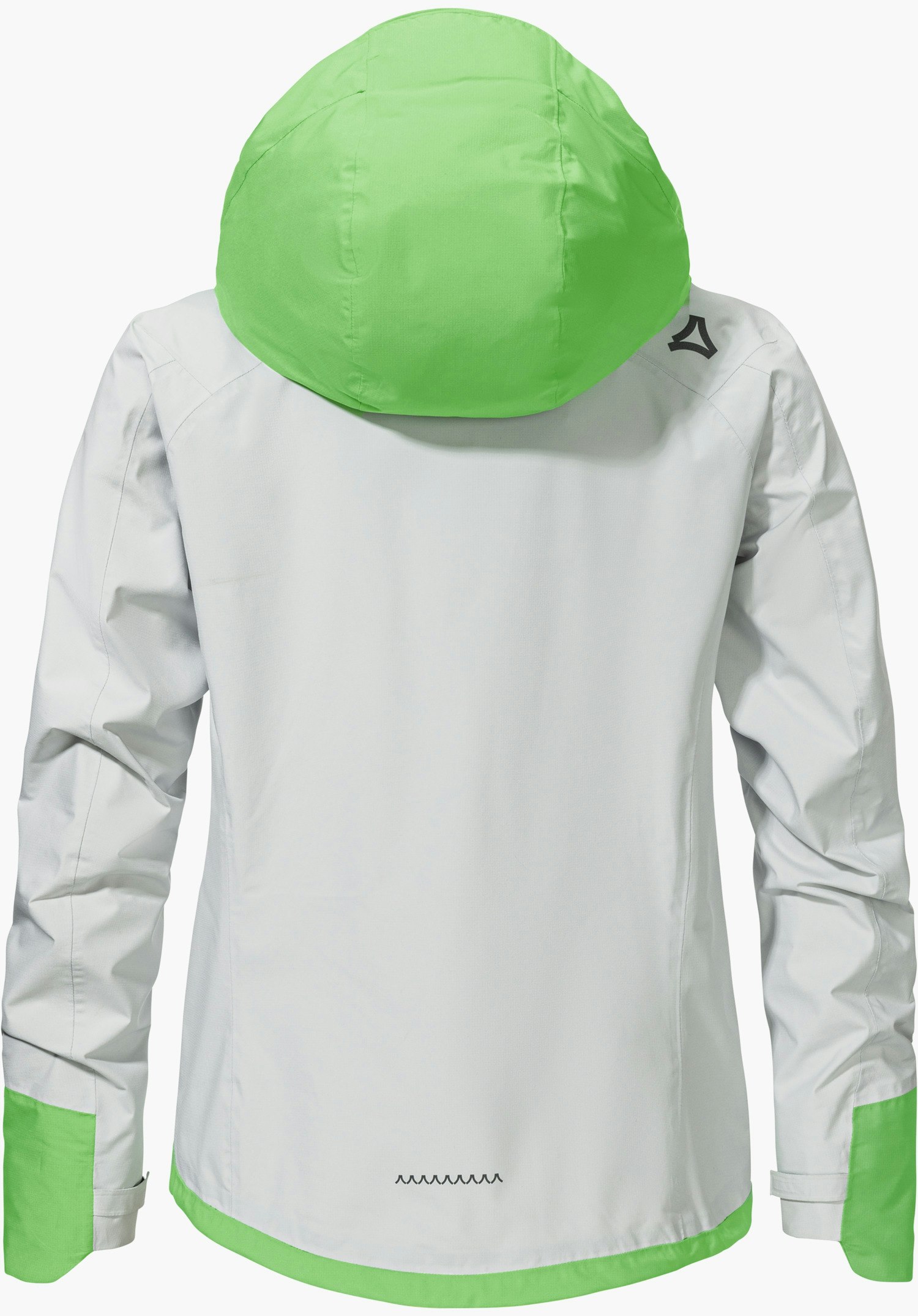2.5L Jacket Style Tajiva WMN in grey with a green hood shown from the back, the Schöffel logo is visible on the right shoulder, isolated on a white background.
