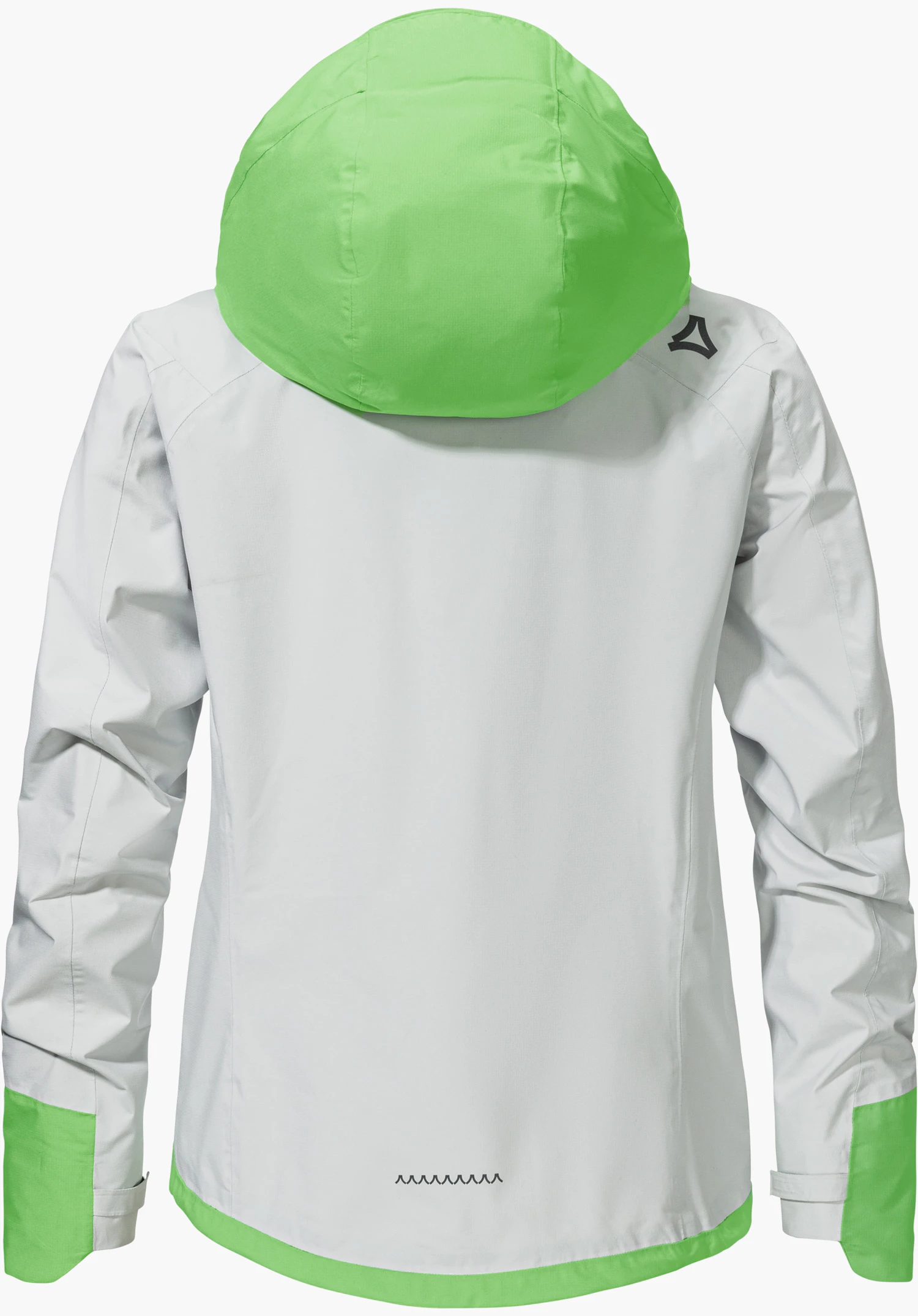 2.5L Jacket Style Tajiva WMN en gris avec une capuche verte vue de dos, le logo Schöffel est visible sur l'épaule droite, détourée sur fond blanc.