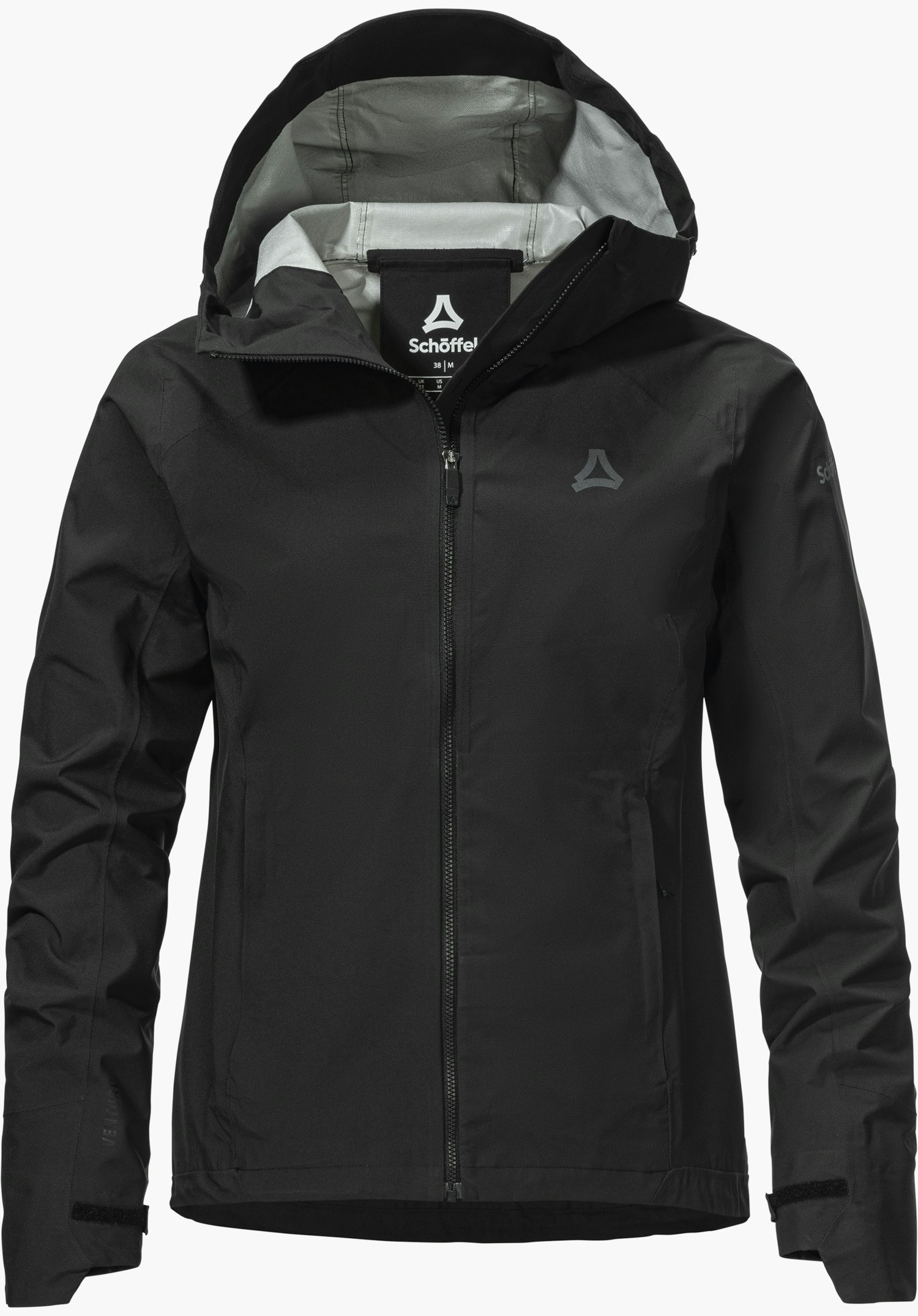 2.5L Jacket Style Tajiva WMN in black with a hood, full-length zip and visible Schöffel logo on the chest, isolated against a white background.