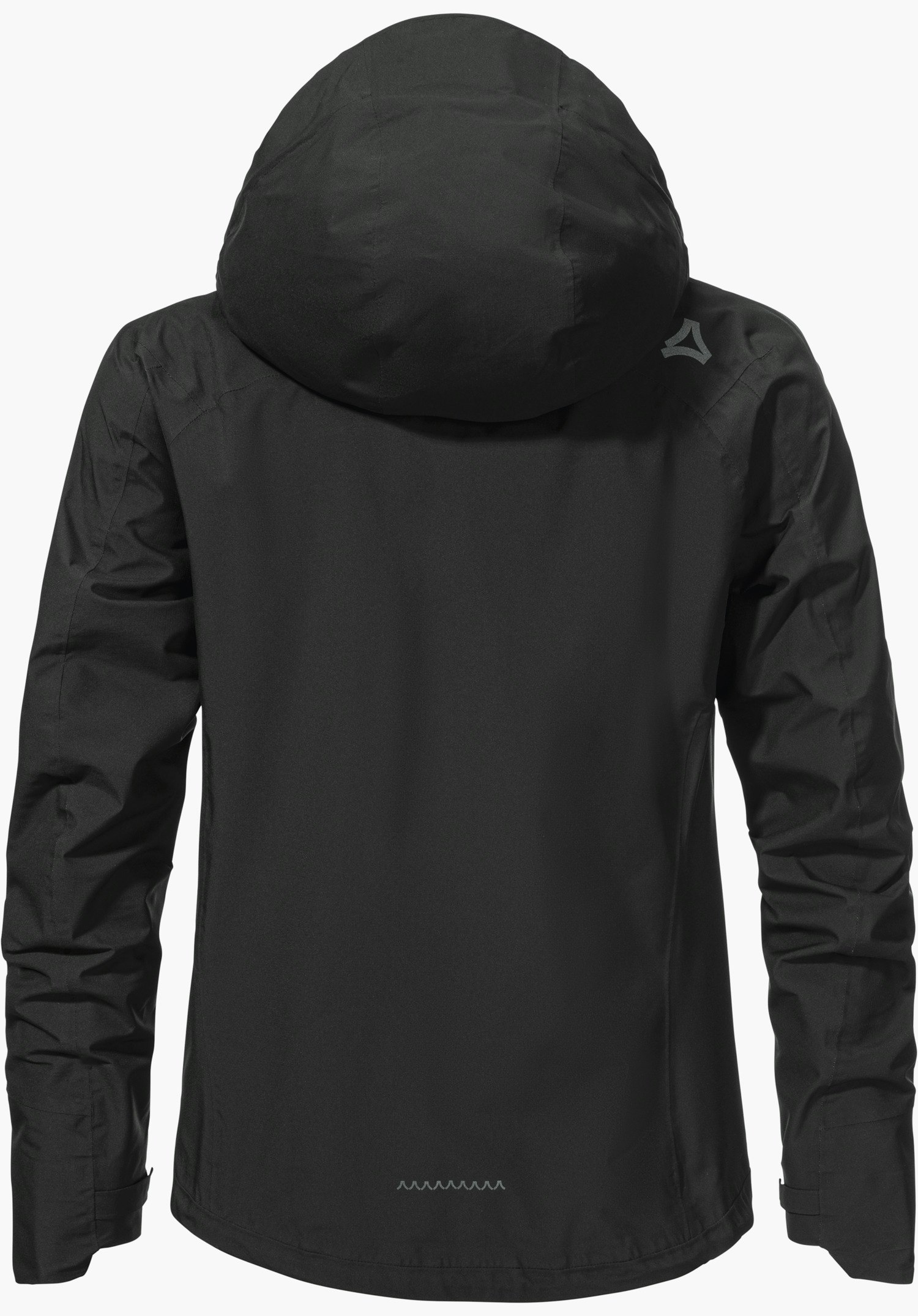 2.5L Jacket Style Tajiva WMN in Schwarz zeigt die Rückansicht mit Kapuze und dem Schöffel-Logo auf der rechten Schulter, freigestellt vor weißem Hintergrund.