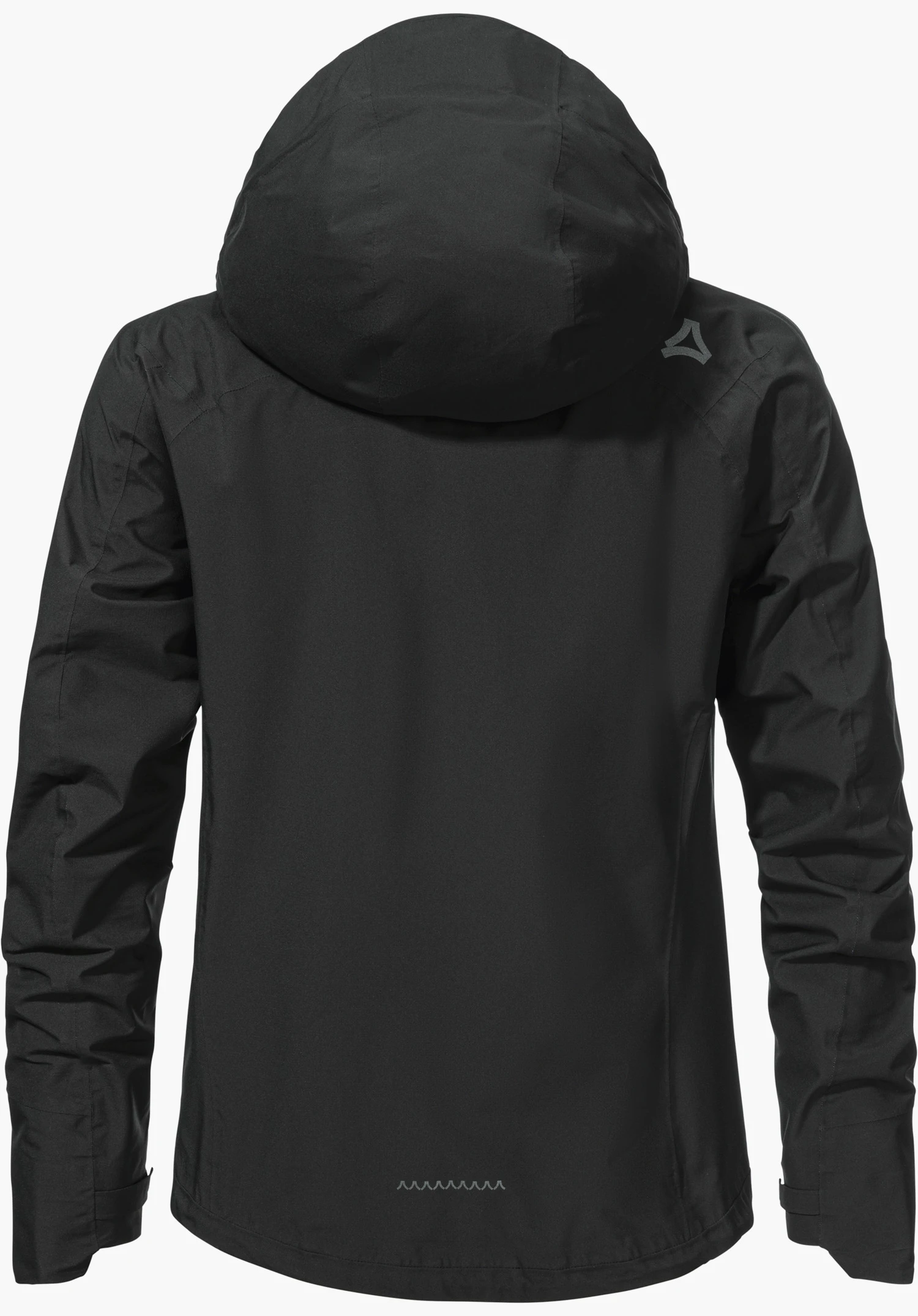 2.5L Jacket Style Tajiva WMN en noir montre la vue de dos avec une capuche et le logo Schöffel sur l'épaule droite, détouré sur fond blanc.