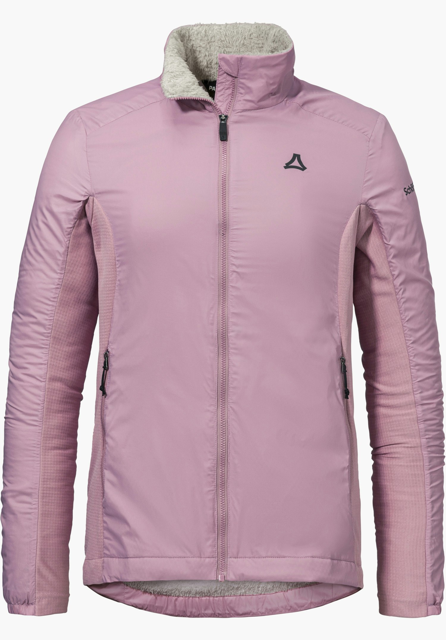 Ins Jacket Style Samaia WMN in pink with a full-length front zip, softly lined stand-up collar and the Schöffel logo on the left chest, isolated on a white background.