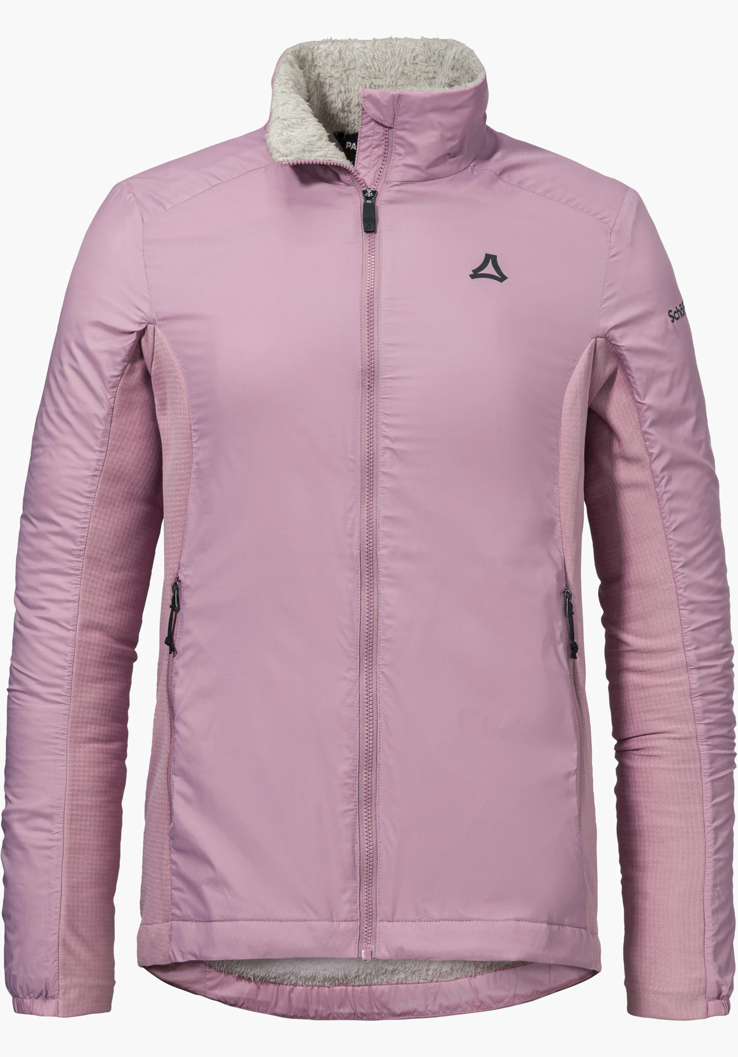 Ins Jacket Style Samaia WMN en rose avec une fermeture éclair intégrale sur le devant, un col montant à doublure douce et le logo Schöffel sur la poitrine gauche, détourée sur fond blanc.